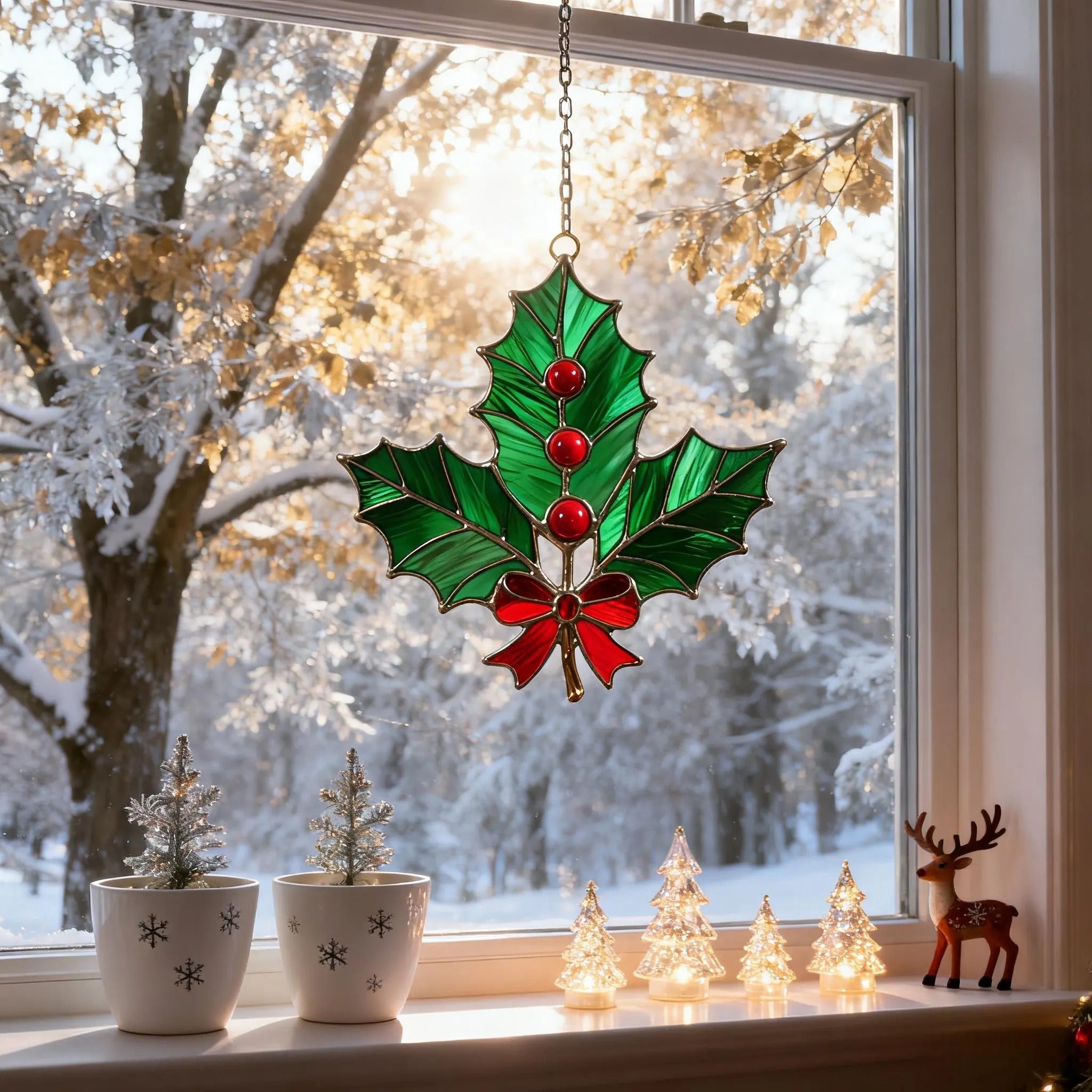 Stained Glass Holly Leaf Ornament – Festive Christmas Decoration,winter holiday suncatcher,Christmas gift,Stained Glass Holiday Decoration