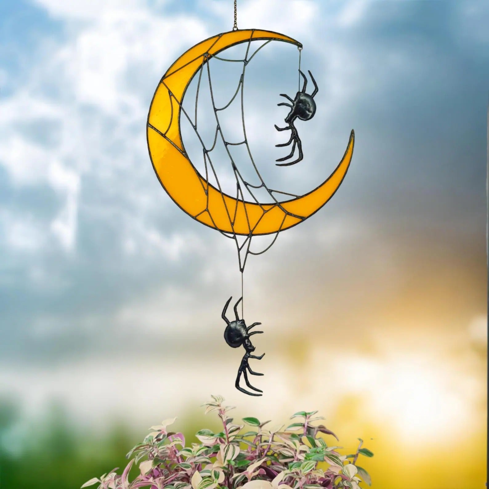 Crescent Moon Decor with Spiders. Unique Stained Glass Halloween Suncatcher for Witchy and Spooky Rooms. Crescent Moon Gift with Spider Web