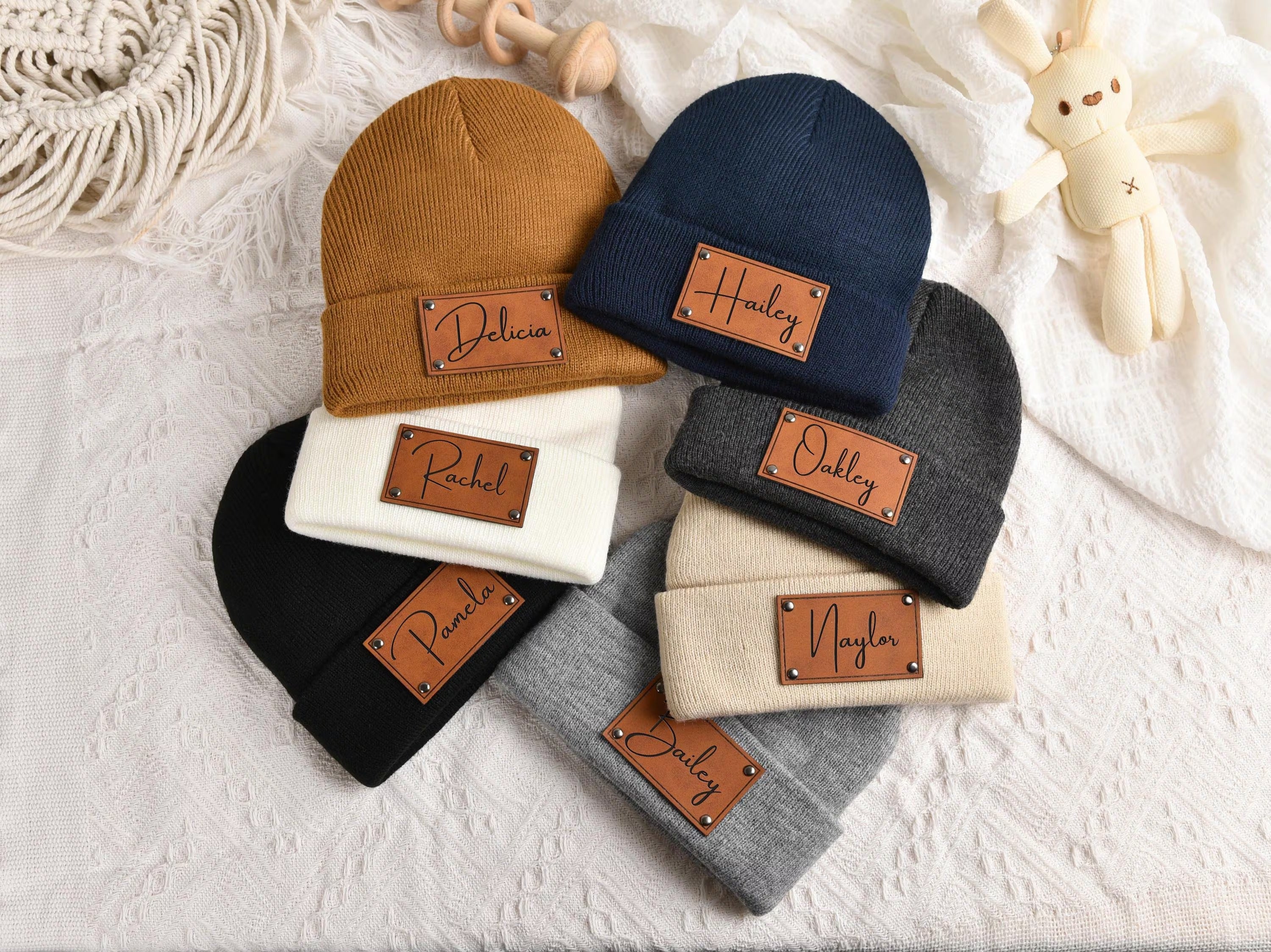 Custom Baby Beanie, Toddler Winter Hat, Kids Youth Child Infant Newborn Gift, Name Hat Engraved Leather Patch Beanie,Personalized Baby Gift