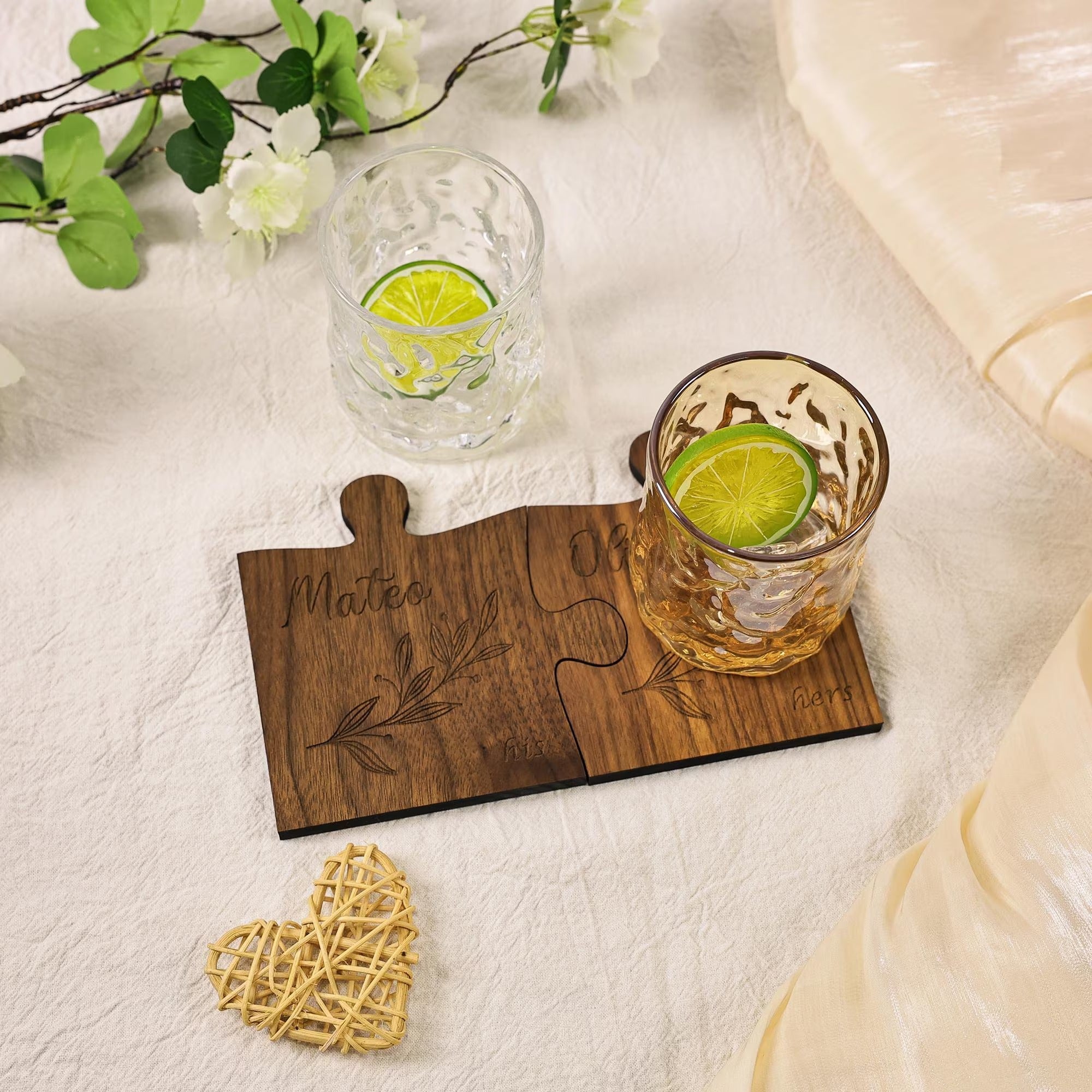 Custom Couples Coaster Set, Leaf Design, Personalised Couples Coaster, Set of 2, His Her Coasters, Anniversary Wedding Gift, Mr Mrs Gift