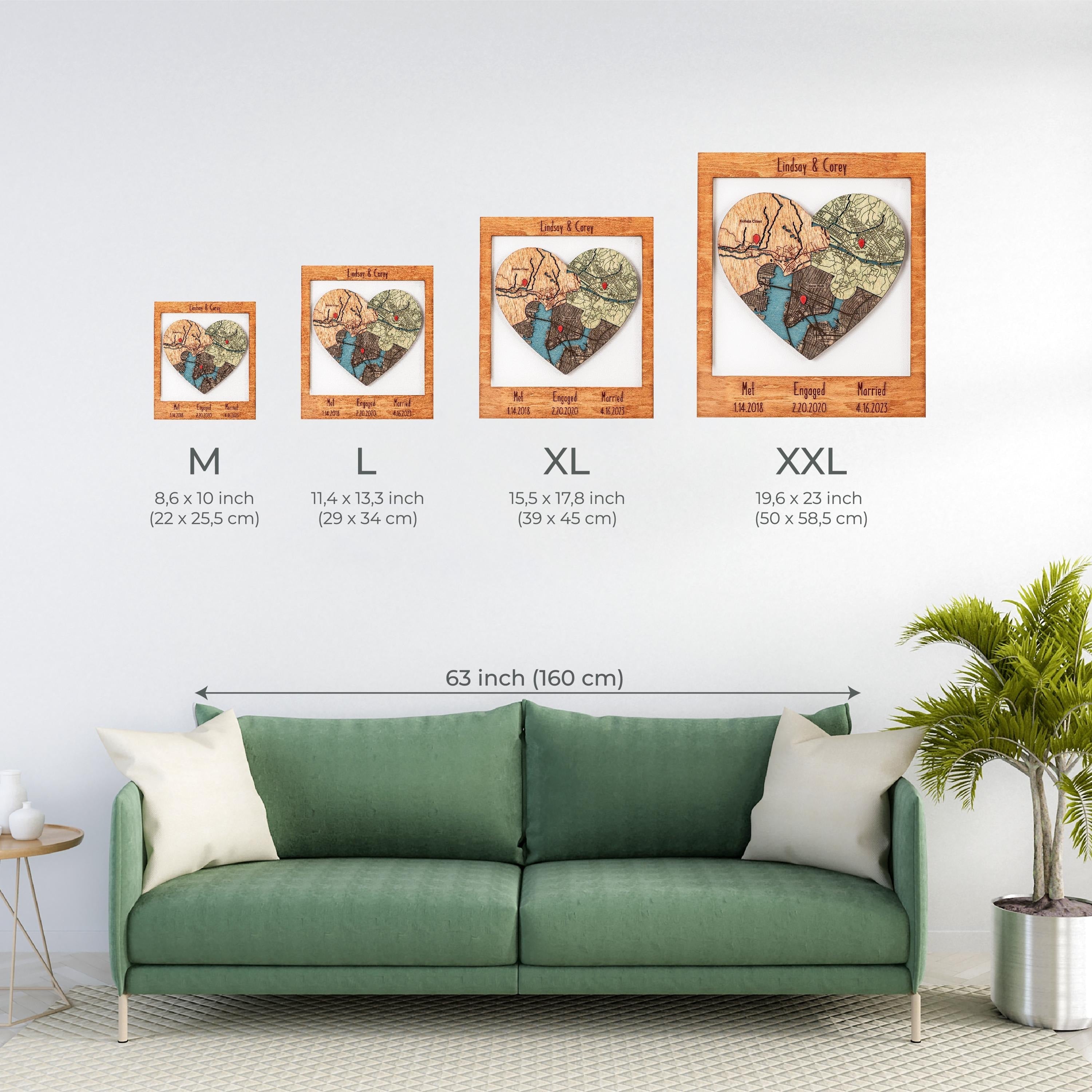 Met Engaged Married Wooden Map, Three Locations Heart Puzzle Map, Framed Wall Decor Gift, Personalized Wedding Anniversary Gift for Couple