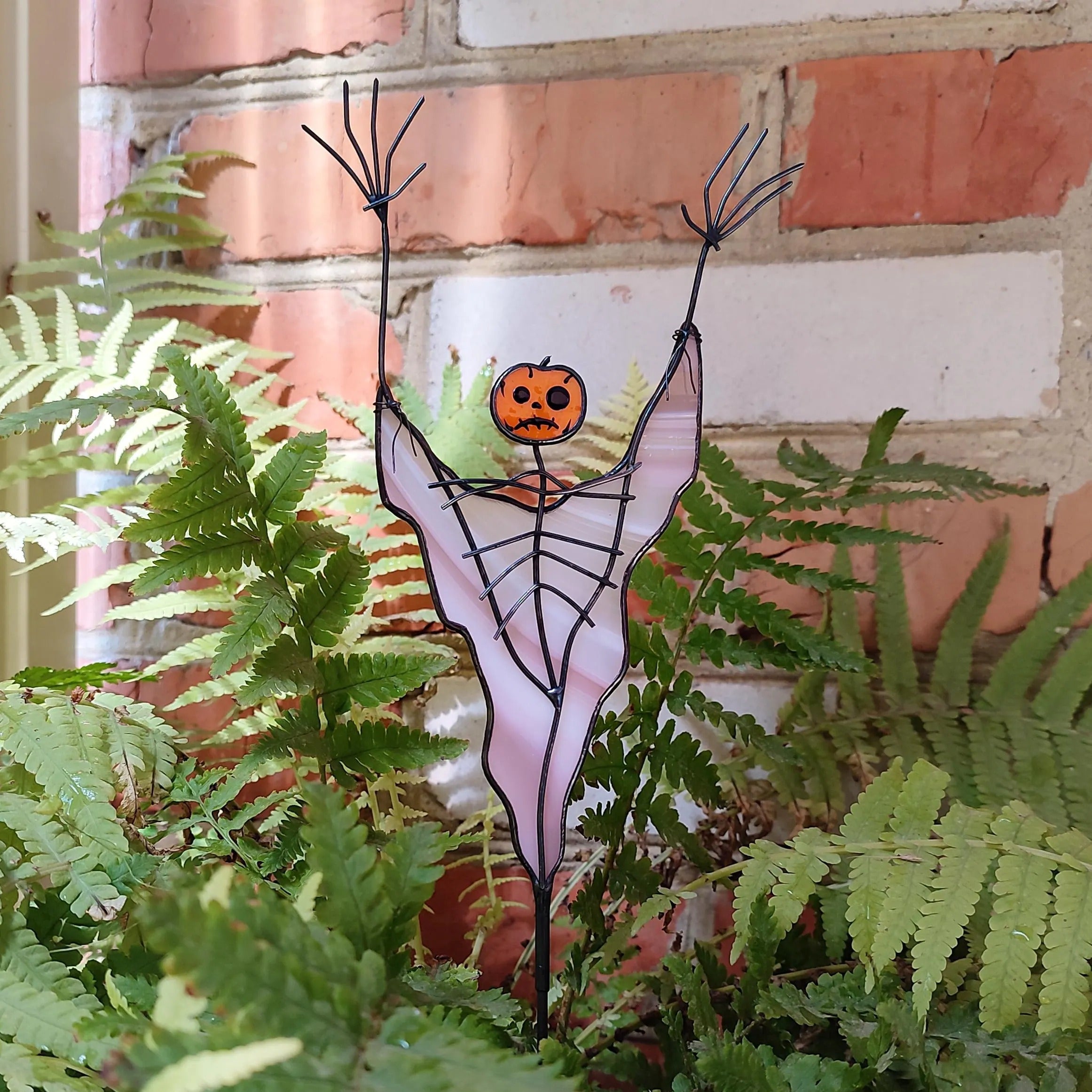 Stained Glass Scarecrow with Pumpkin Head Plant Stake Halloween Decor. Spooky Garden Decoration for Halloween Display. Unique Halloween Gift