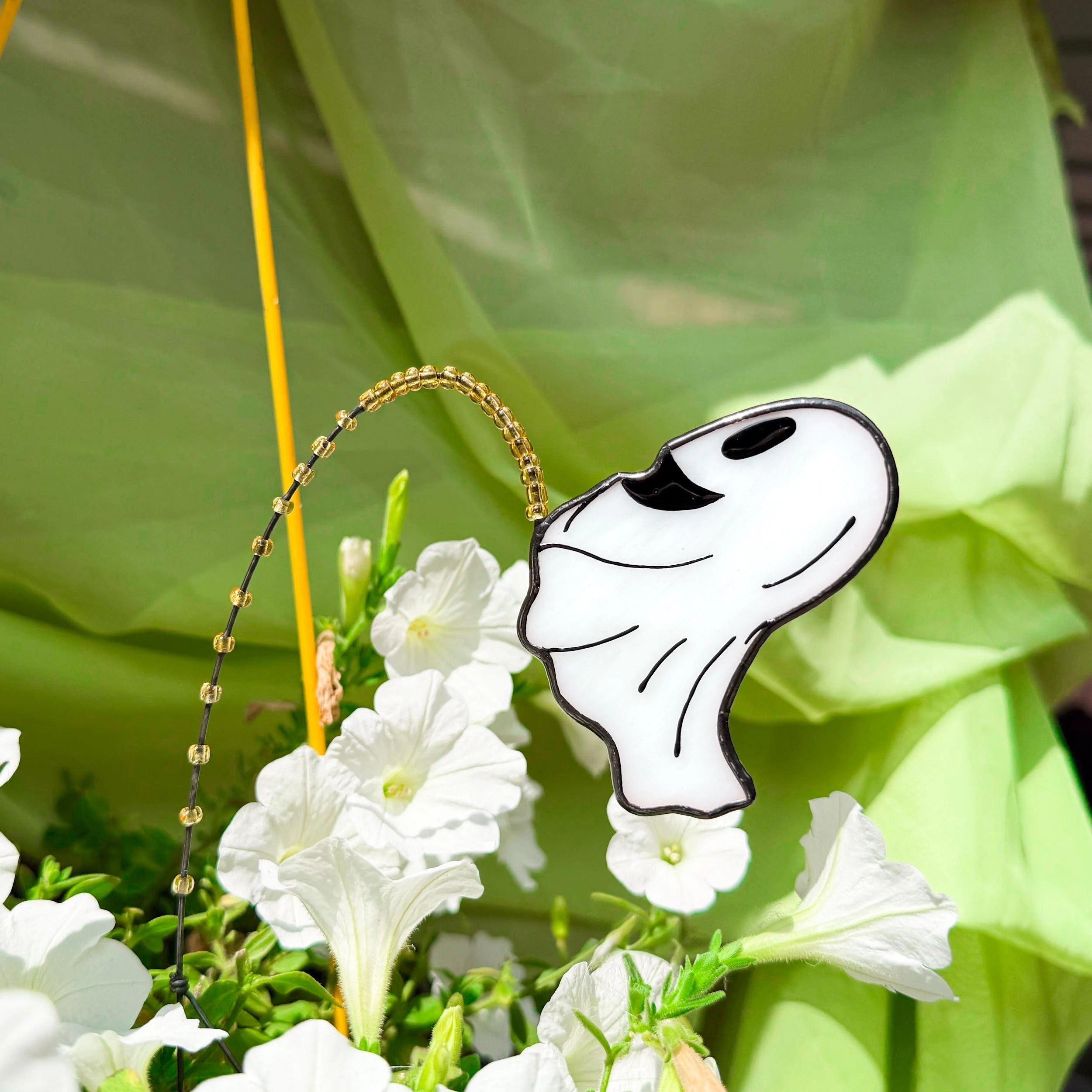 Whimsical Peeing Ghost Plant Stake. Handmade Stained Glass Halloween Decor for Indoor Plants, Gardens or Spooky Fall Gifts.
