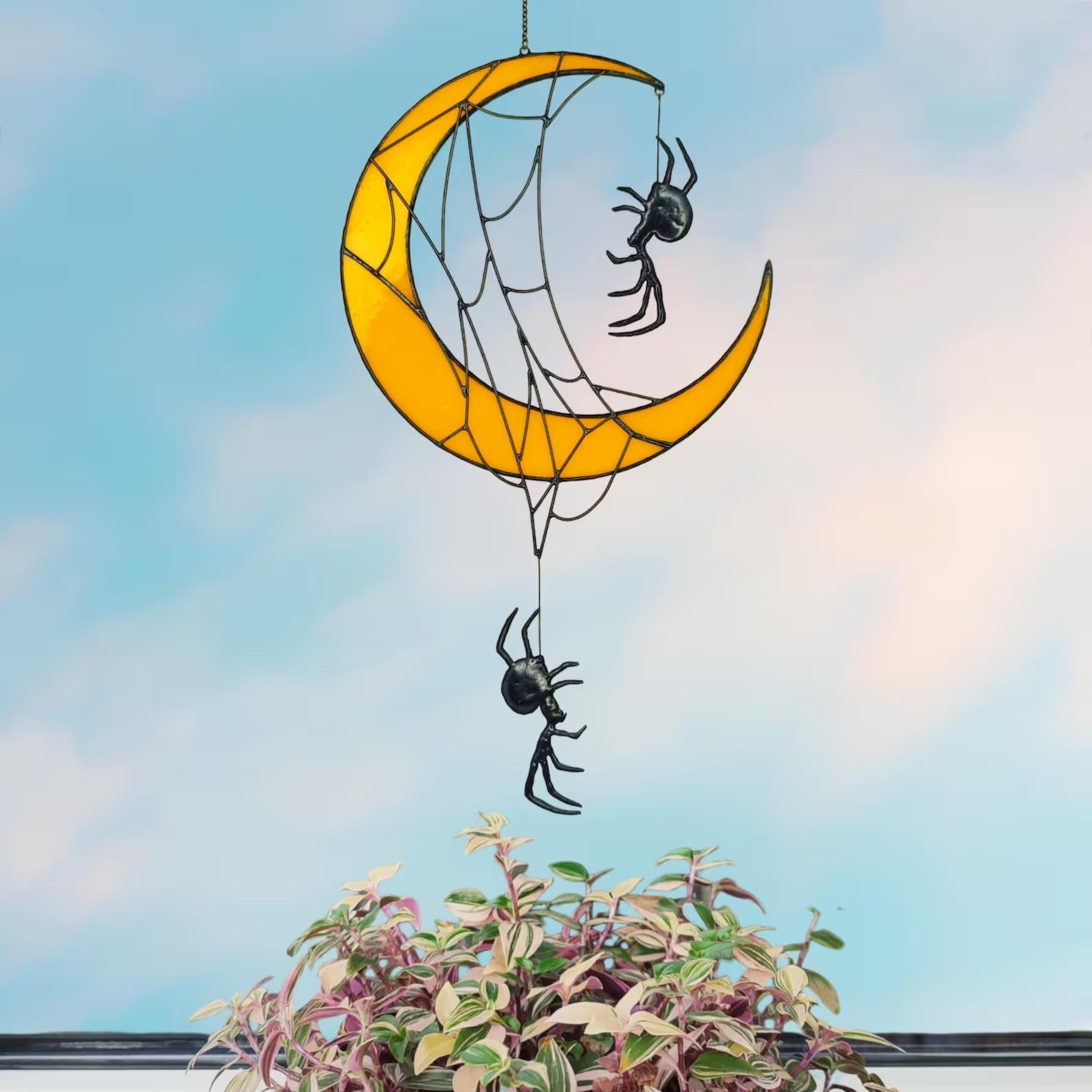 Crescent Moon Decor with Spiders. Unique Stained Glass Halloween Suncatcher for Witchy and Spooky Rooms. Crescent Moon Gift with Spider Web