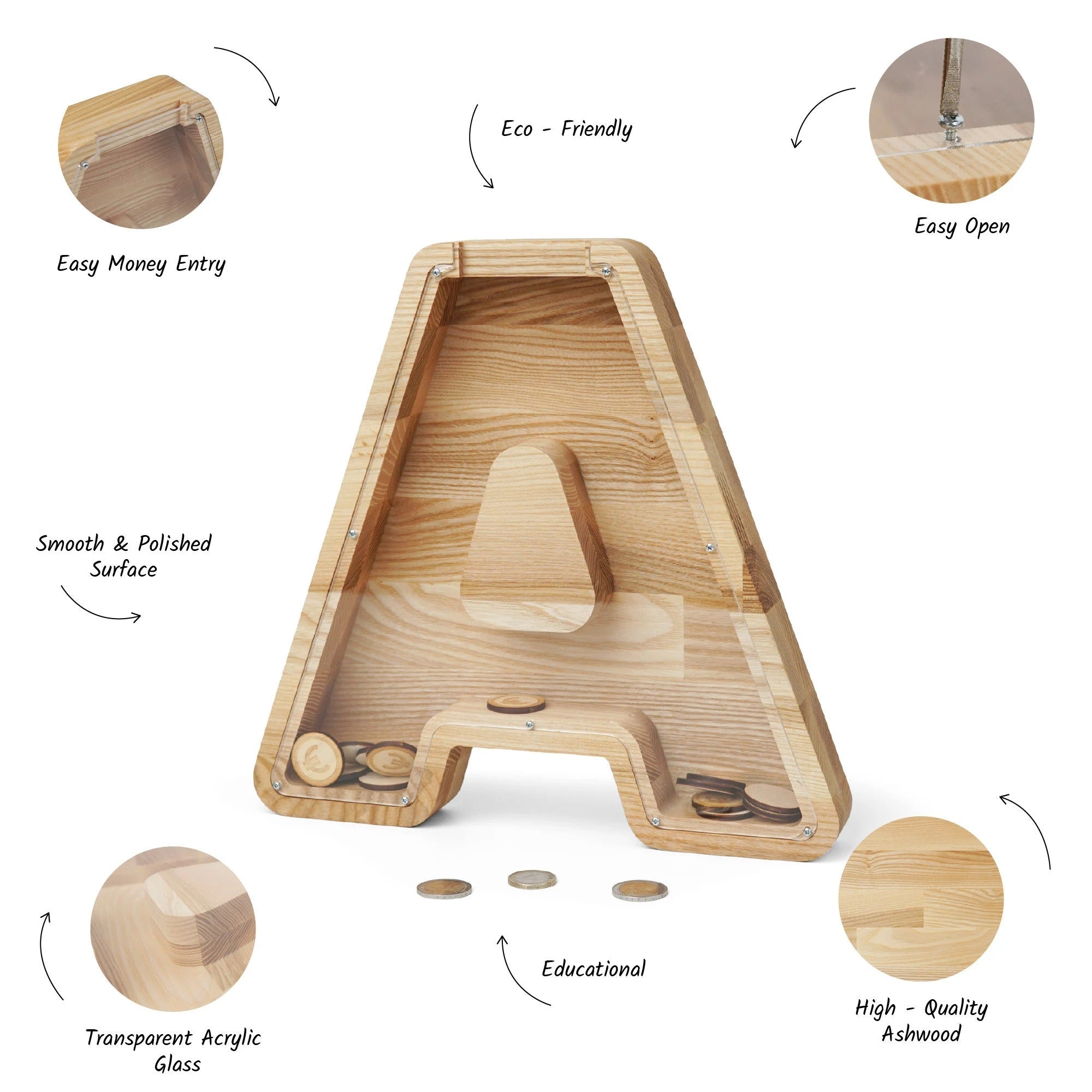 Personalized Letter Piggy Bank For Kids, Custom Money Box for Birthday Gift, Name Engraved Coin Jar, Cute Wooden Savings Holder For Toddler