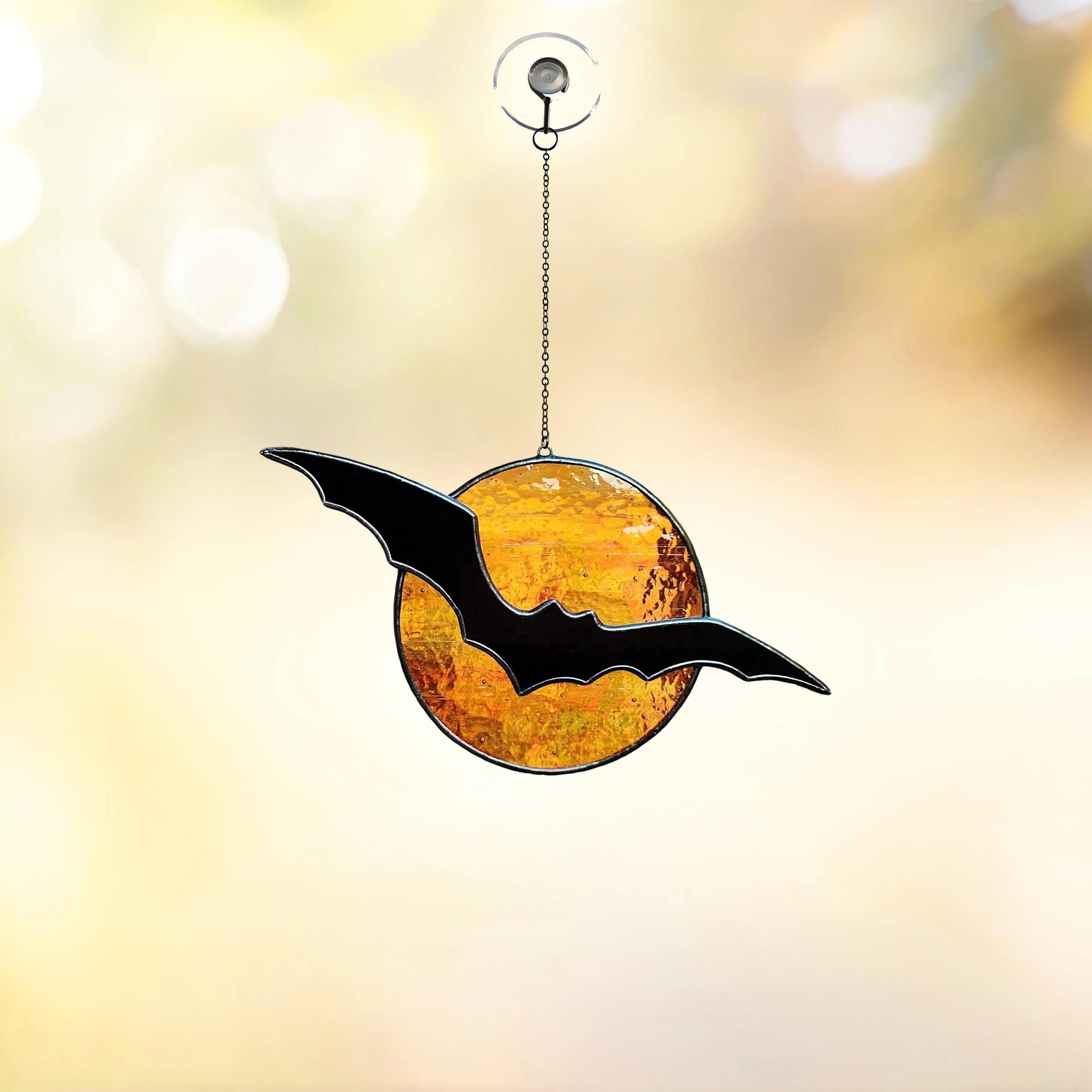 Stained Glass Bat and Moon Suncatcher. Perfect Halloween Decor for Spooky Season. Add Gothic Charm to Your Home or Garden Display.