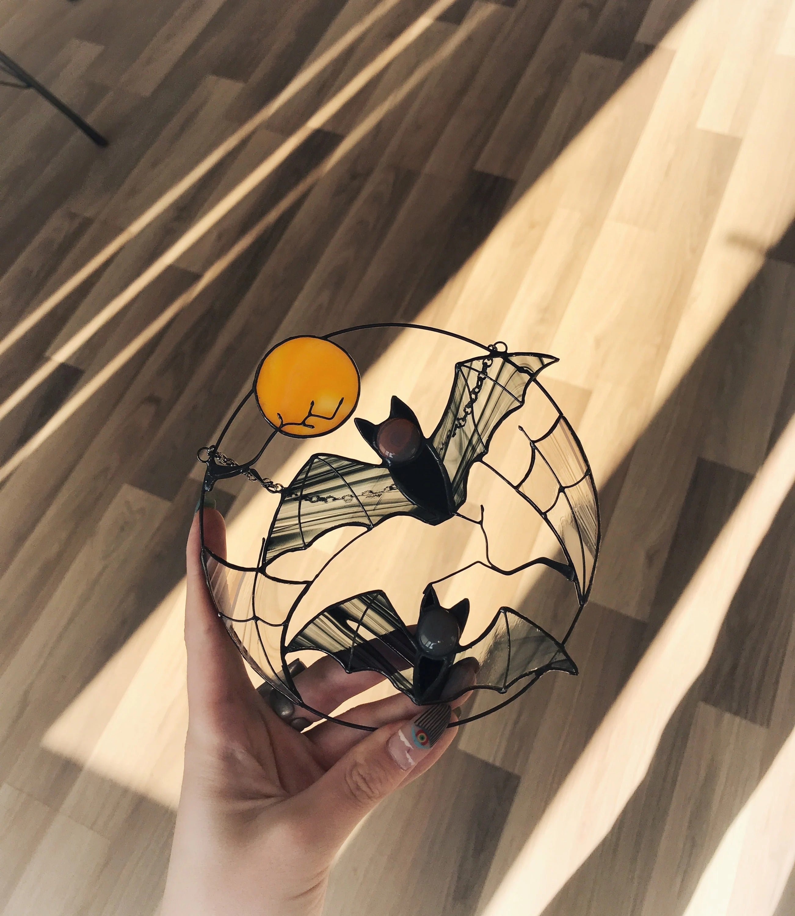 Stained Glass Bat Suncatcher – Halloween Window Hanging Decor, Gothic Moon, Spooky Gift, Flying Bats Wall Art