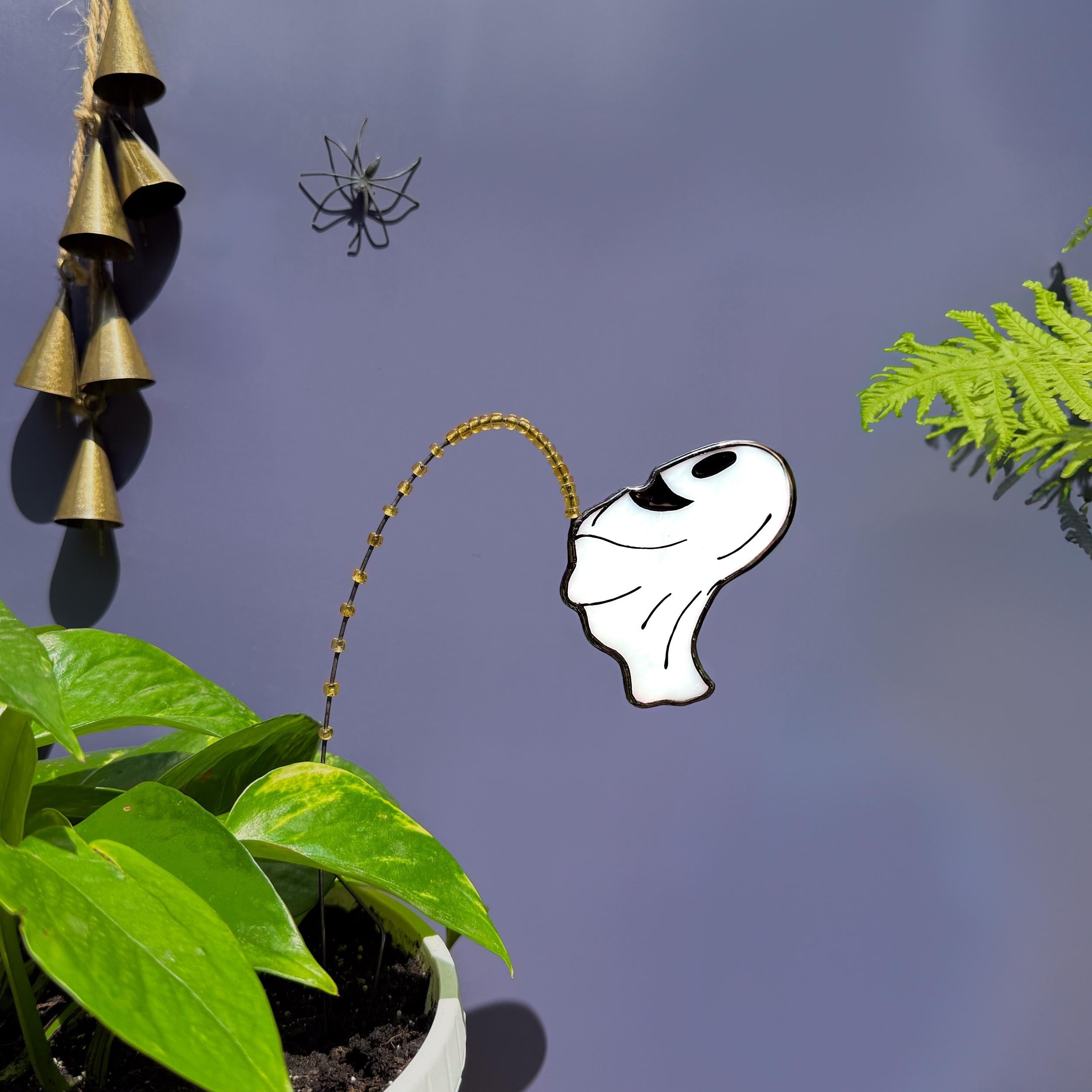 Whimsical Peeing Ghost Plant Stake. Handmade Stained Glass Halloween Decor for Indoor Plants, Gardens or Spooky Fall Gifts.