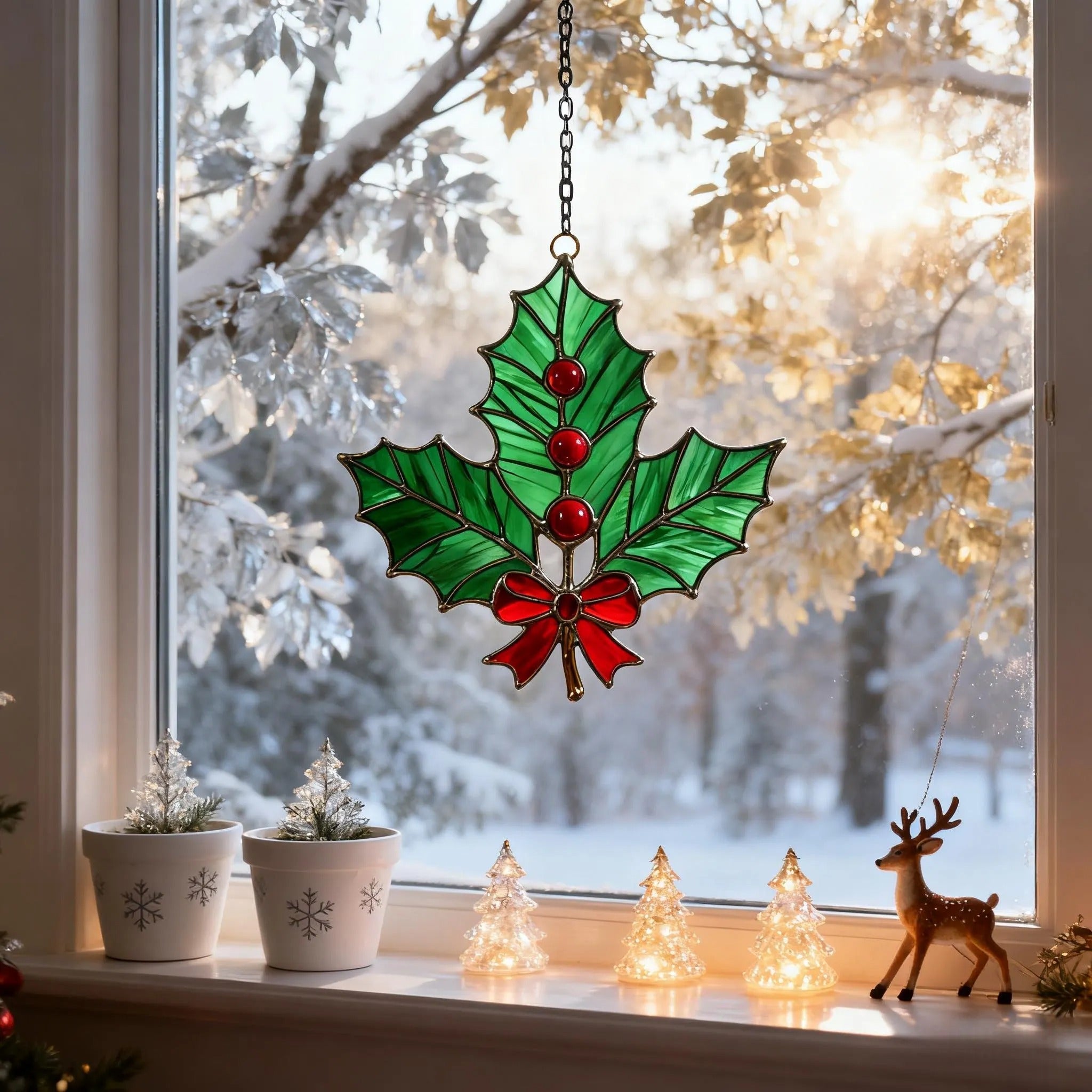 Stained Glass Holly Leaf Ornament – Festive Christmas Decoration,winter holiday suncatcher,Christmas gift,Stained Glass Holiday Decoration