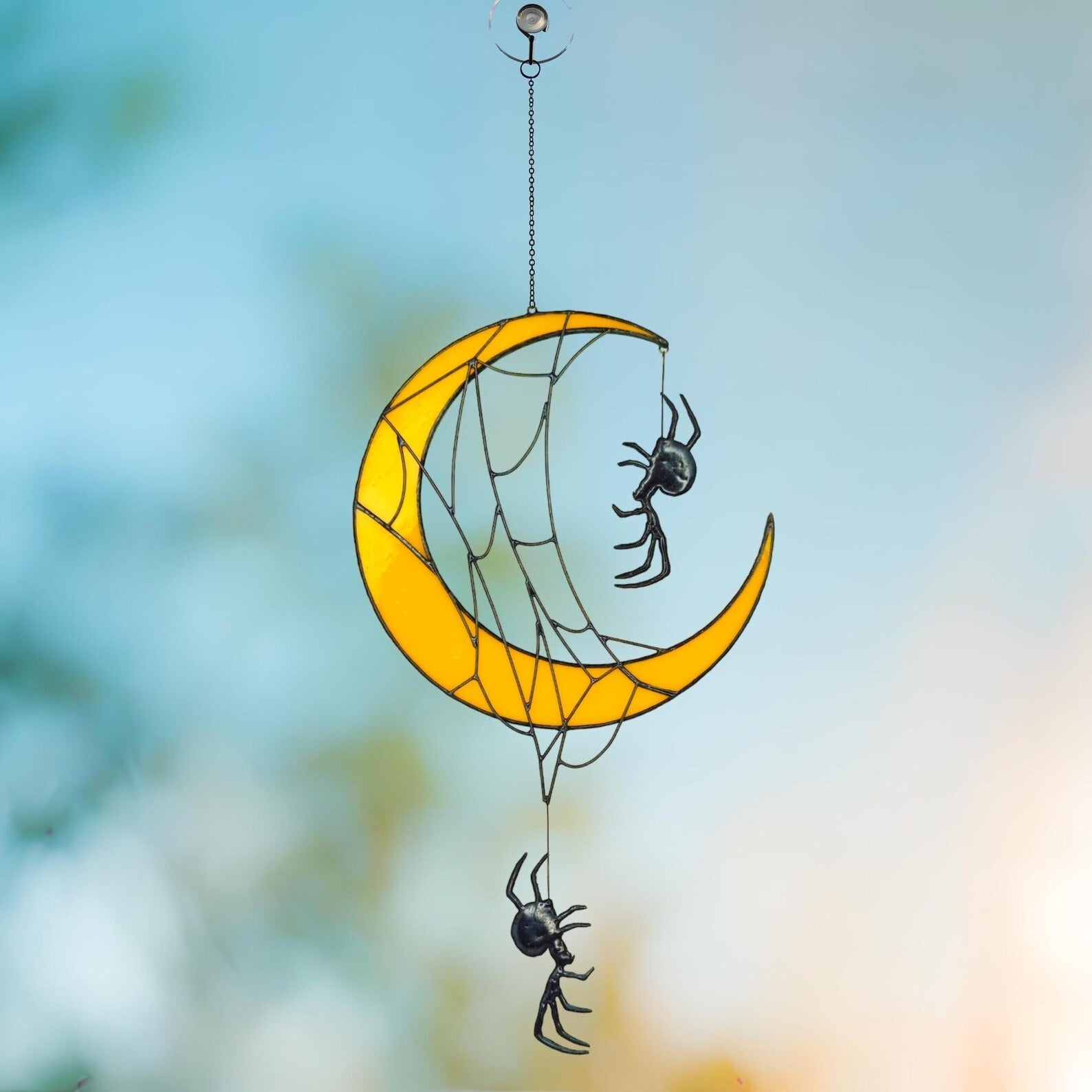 Crescent Moon Decor with Spiders. Unique Stained Glass Halloween Suncatcher for Witchy and Spooky Rooms. Crescent Moon Gift with Spider Web