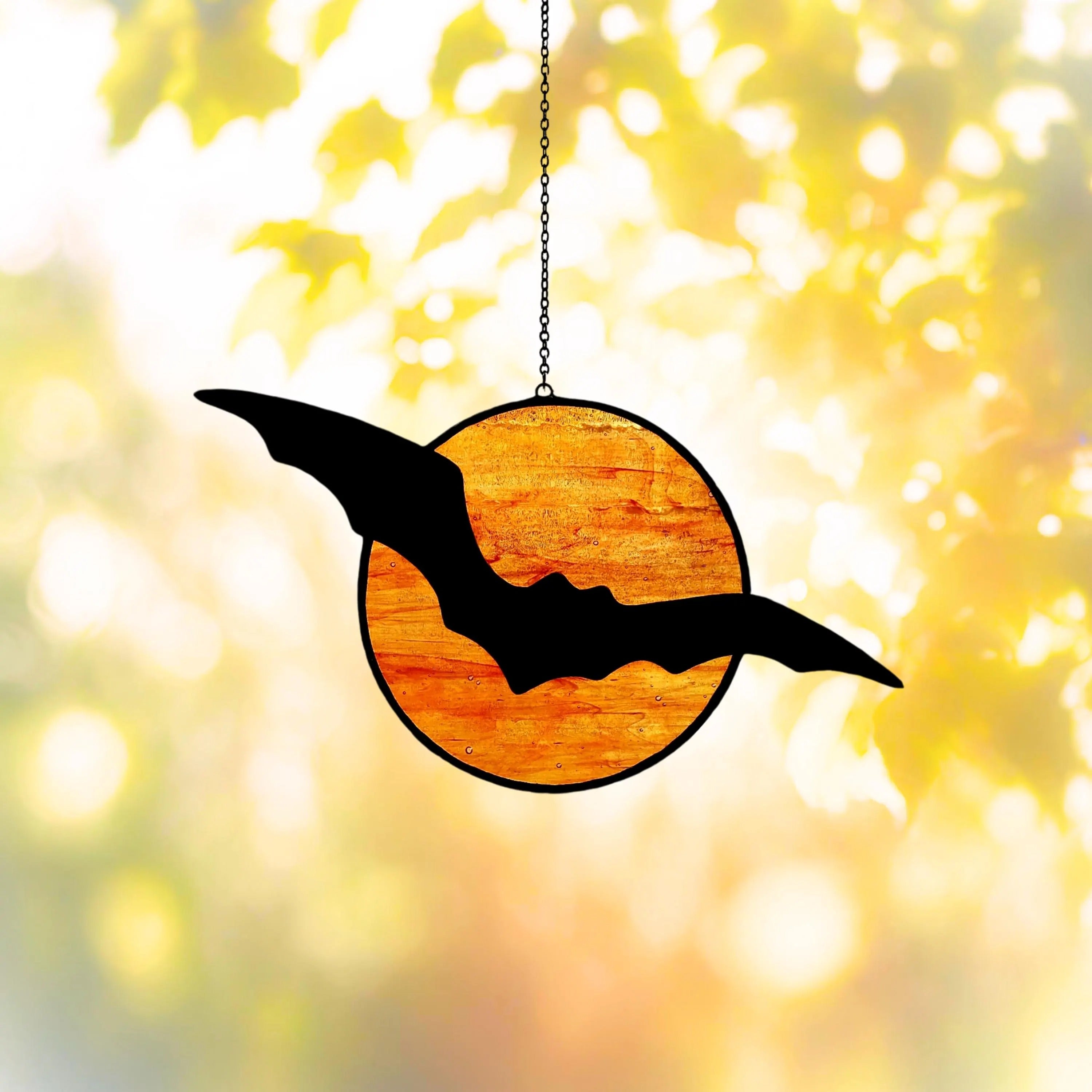 Stained Glass Bat and Moon Suncatcher. Perfect Halloween Decor for Spooky Season. Add Gothic Charm to Your Home or Garden Display.