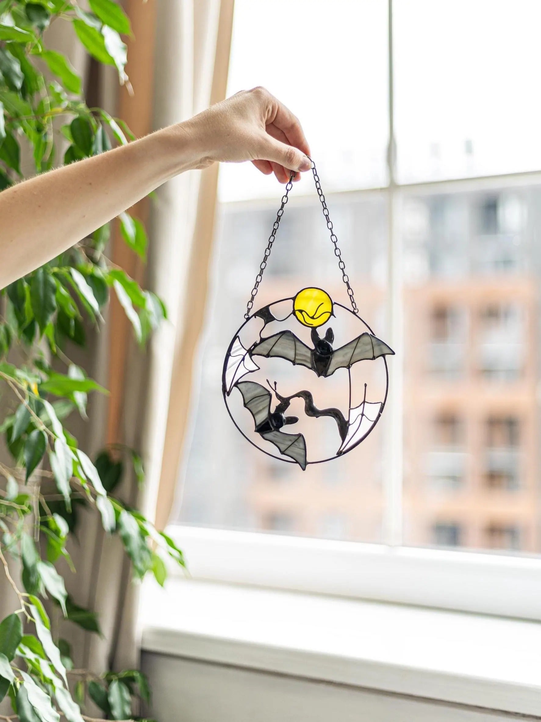 Stained Glass Bat Suncatcher – Halloween Window Hanging Decor, Gothic Moon, Spooky Gift, Flying Bats Wall Art