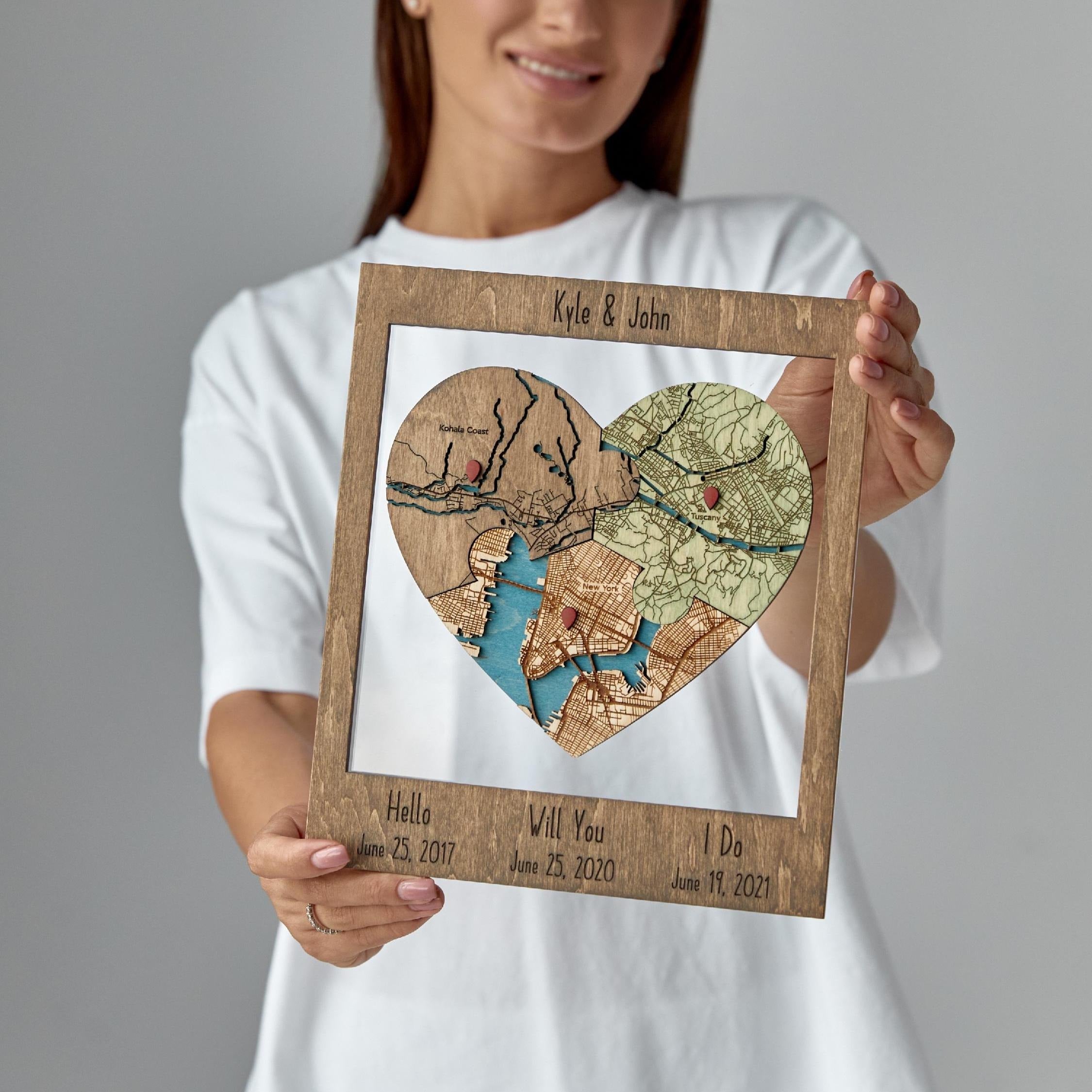 Met Engaged Married Wooden Map, Three Locations Heart Puzzle Map, Framed Wall Decor Gift, Personalized Wedding Anniversary Gift for Couple