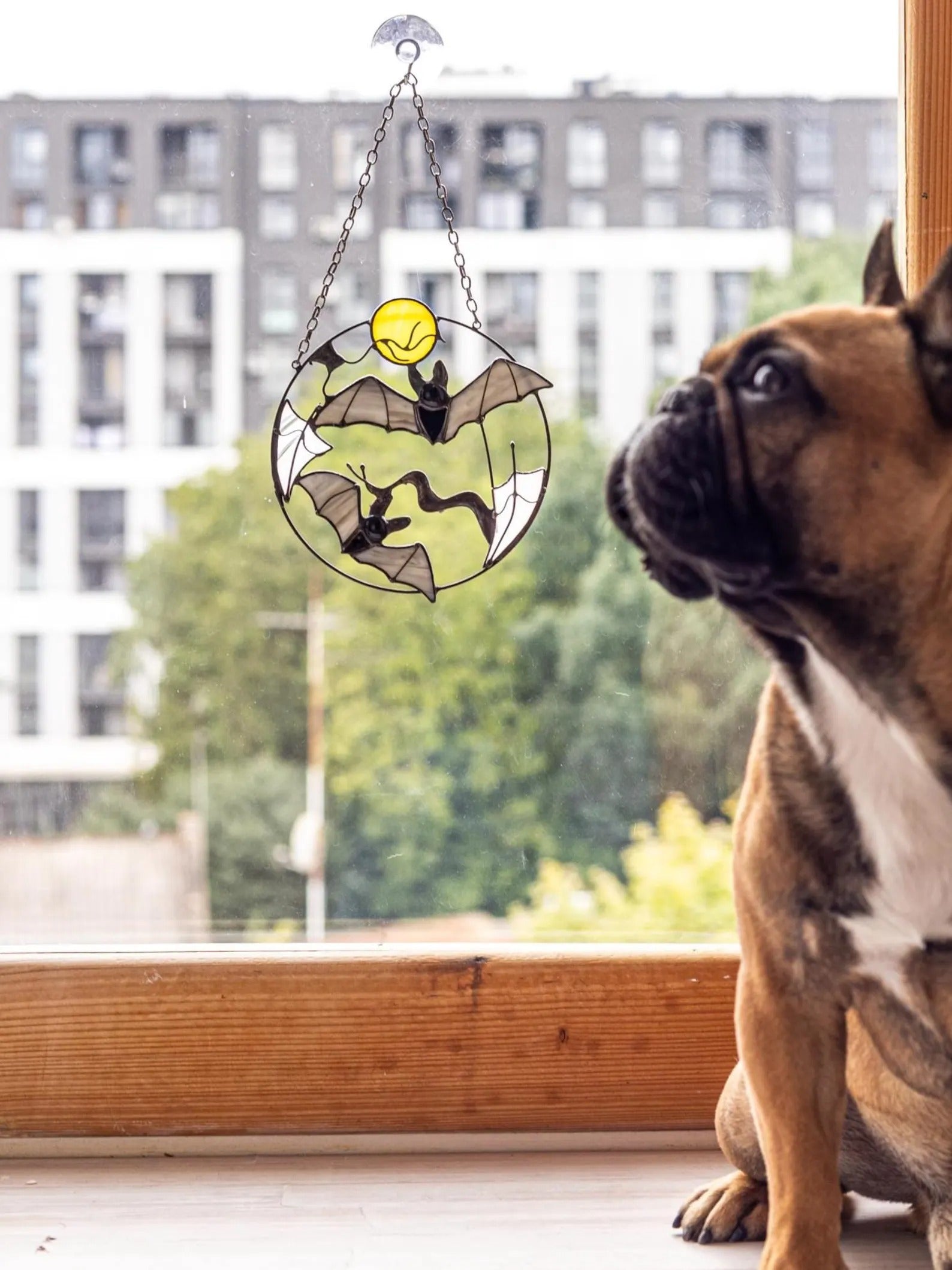 Stained Glass Bat Suncatcher – Halloween Window Hanging Decor, Gothic Moon, Spooky Gift, Flying Bats Wall Art