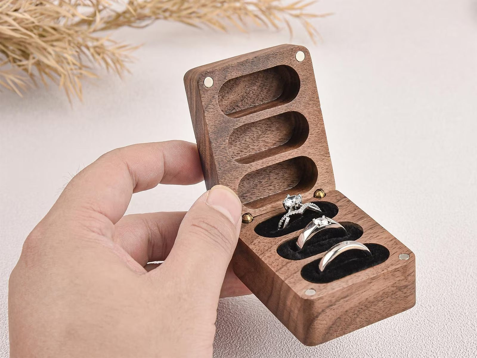 Custom Wooden Ring Box for Wedding Ceremony,Personalized Engraved Engagement Ring Box, 3 Ring Bearer Box,Anniversary,Proposal Ring Holder