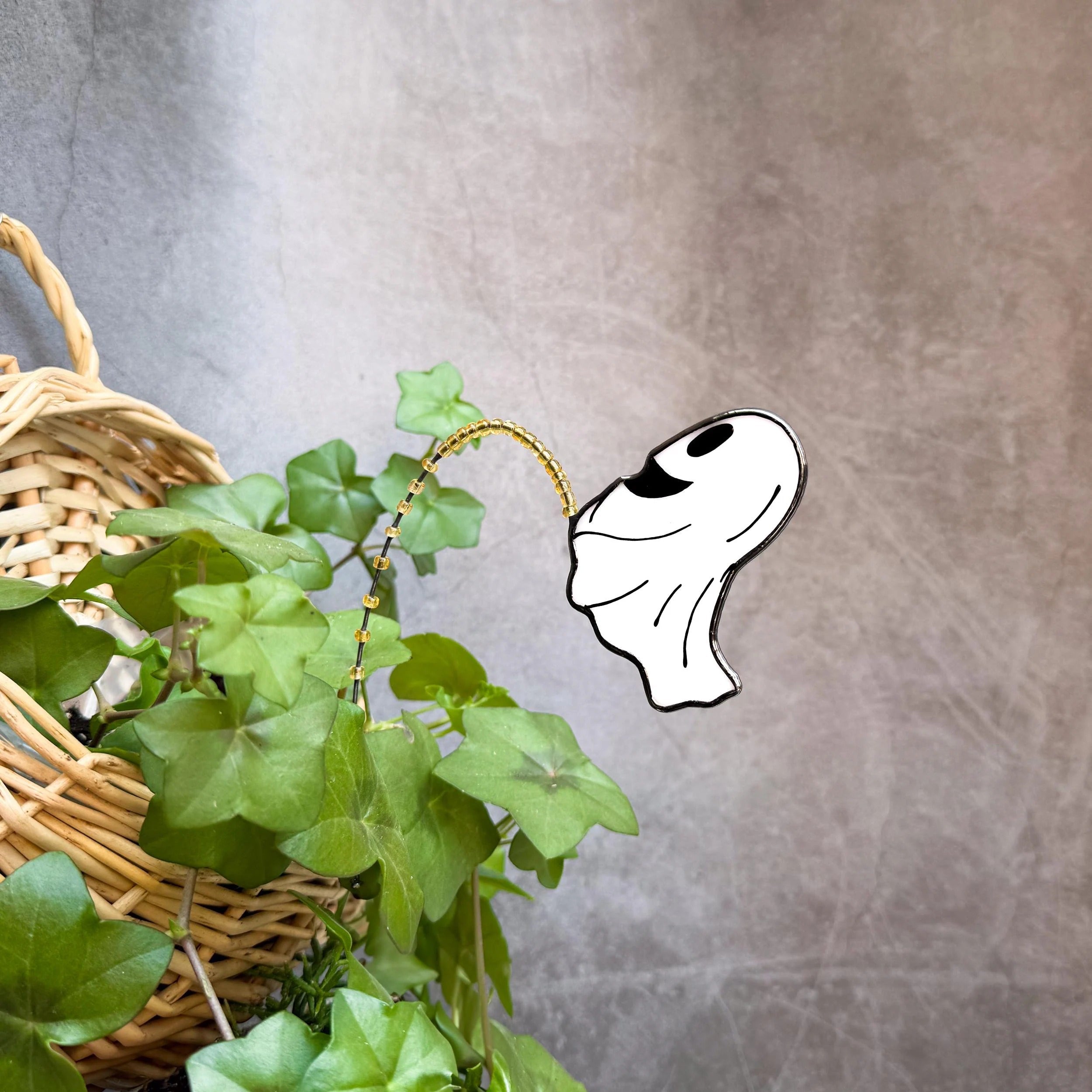 Whimsical Peeing Ghost Plant Stake. Handmade Stained Glass Halloween Decor for Indoor Plants, Gardens or Spooky Fall Gifts.