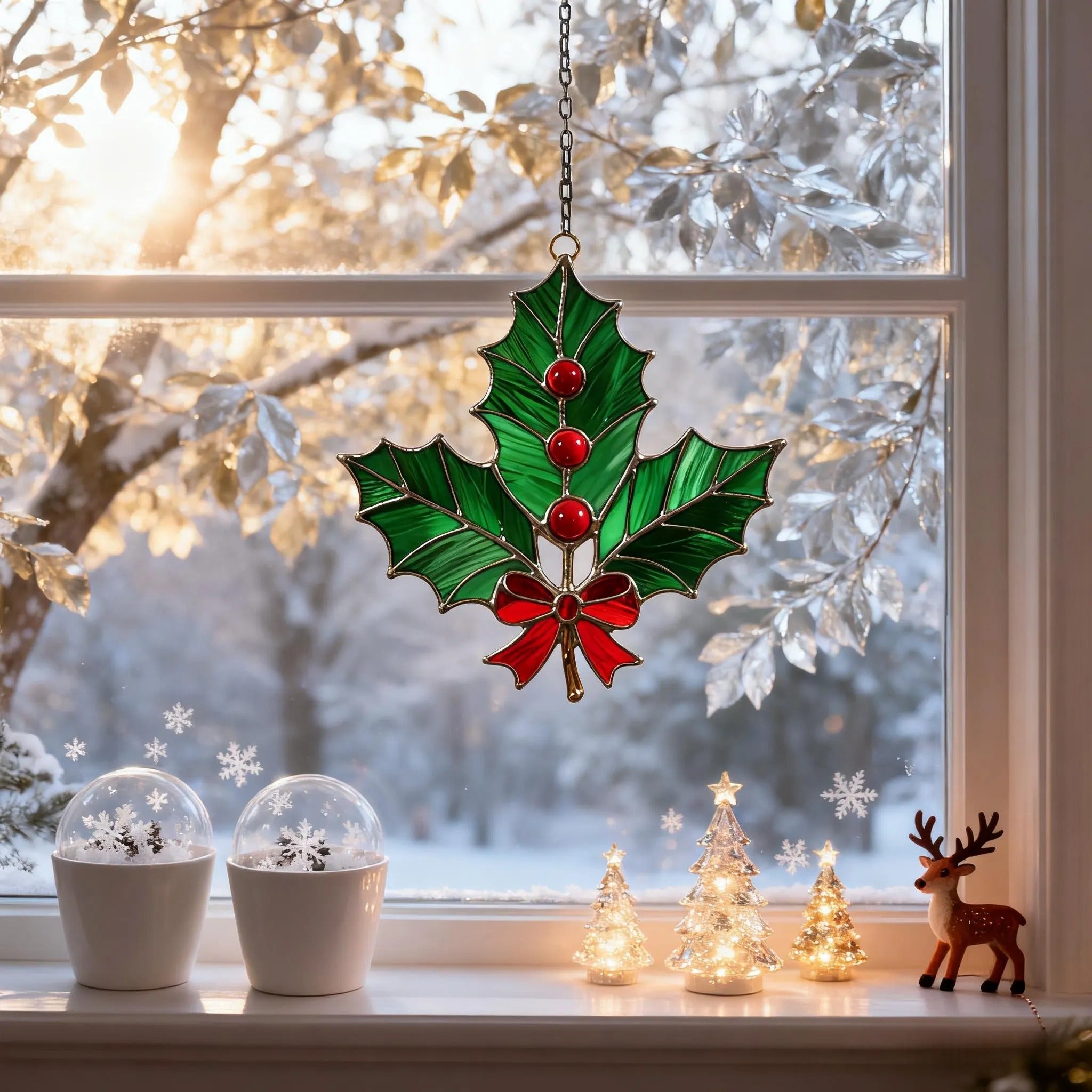 Stained Glass Holly Leaf Ornament – Festive Christmas Decoration,winter holiday suncatcher,Christmas gift,Stained Glass Holiday Decoration