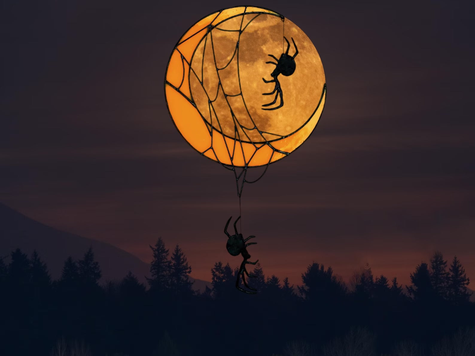 Crescent Moon Decor with Spiders. Unique Stained Glass Halloween Suncatcher for Witchy and Spooky Rooms. Crescent Moon Gift with Spider Web