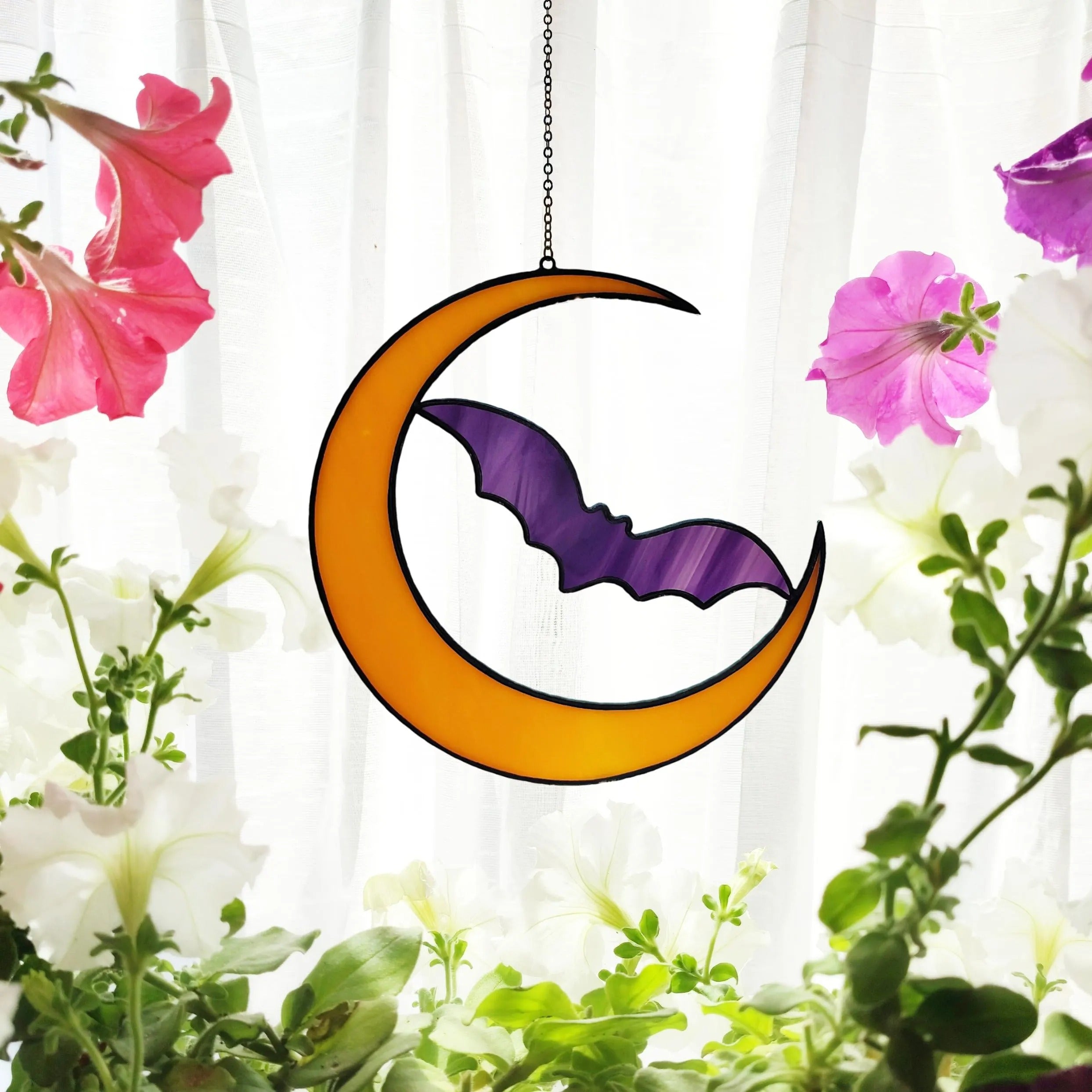 Stained Glass Bat and Moon Suncatcher. Perfect Halloween Decor for Spooky Season. Add Gothic Charm to Your Home or Garden Display.