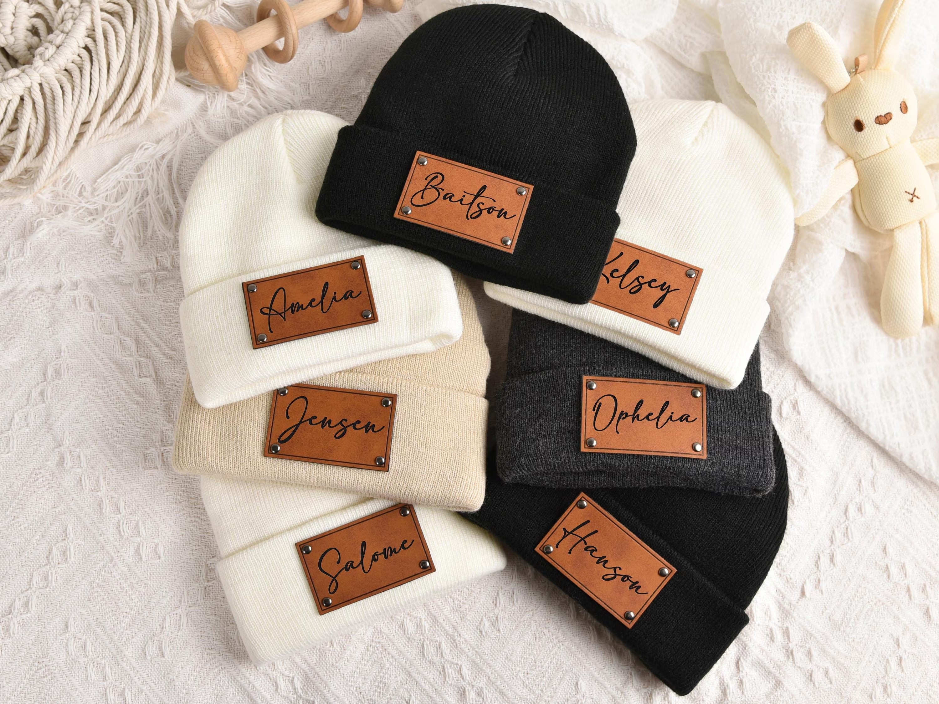 Custom Baby Beanie, Toddler Winter Hat, Kids Youth Child Infant Newborn Gift, Name Hat Engraved Leather Patch Beanie,Personalized Baby Gift