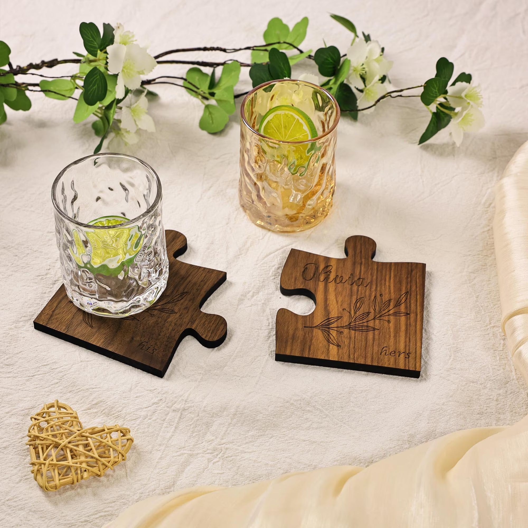 Custom Couples Coaster Set, Leaf Design, Personalised Couples Coaster, Set of 2, His Her Coasters, Anniversary Wedding Gift, Mr Mrs Gift