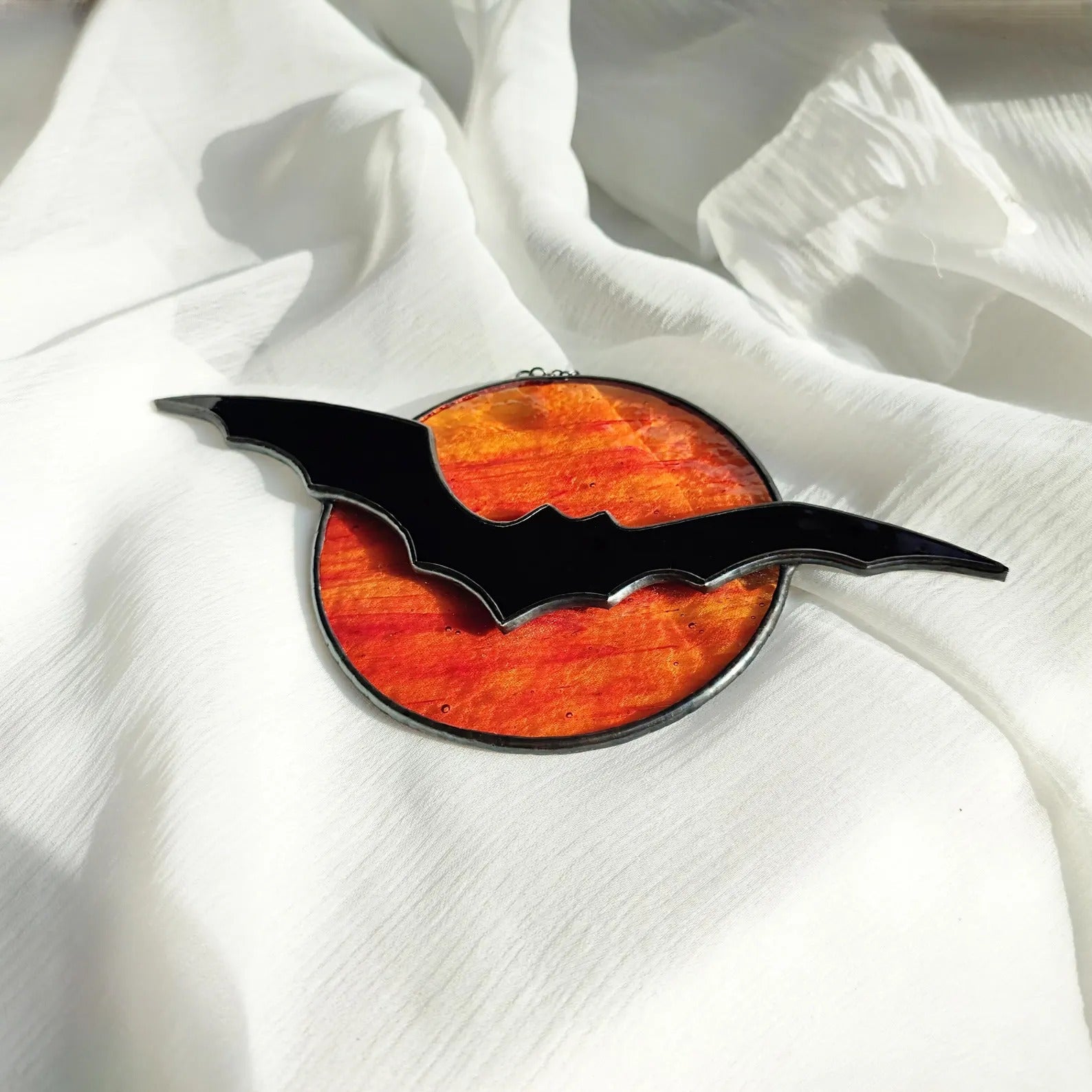 Stained Glass Bat and Moon Suncatcher. Perfect Halloween Decor for Spooky Season. Add Gothic Charm to Your Home or Garden Display.