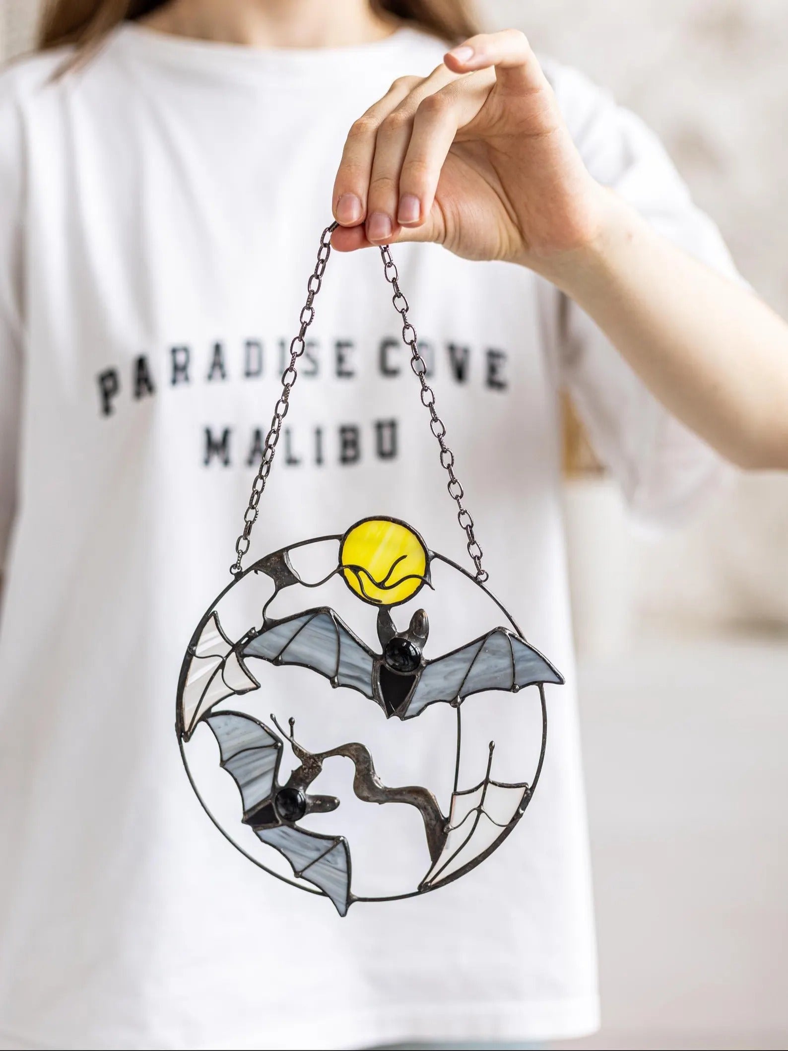 Stained Glass Bat Suncatcher – Halloween Window Hanging Decor, Gothic Moon, Spooky Gift, Flying Bats Wall Art