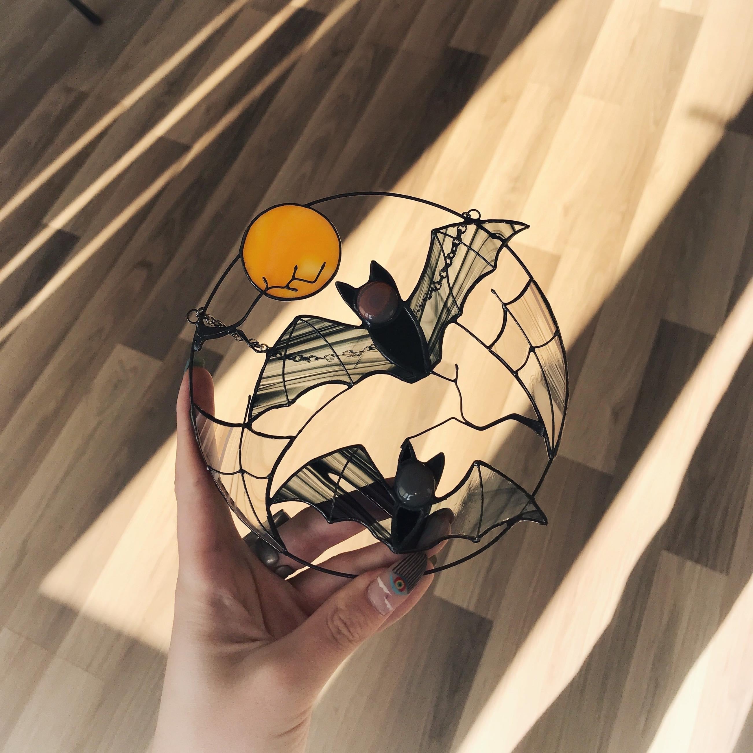 Gothic Suncatcher Bat Moon Halloween Stain Glass ORIGINAL Horror Picture Home Decor Spooky Window Wall Hanging Dark Cling Witch gift