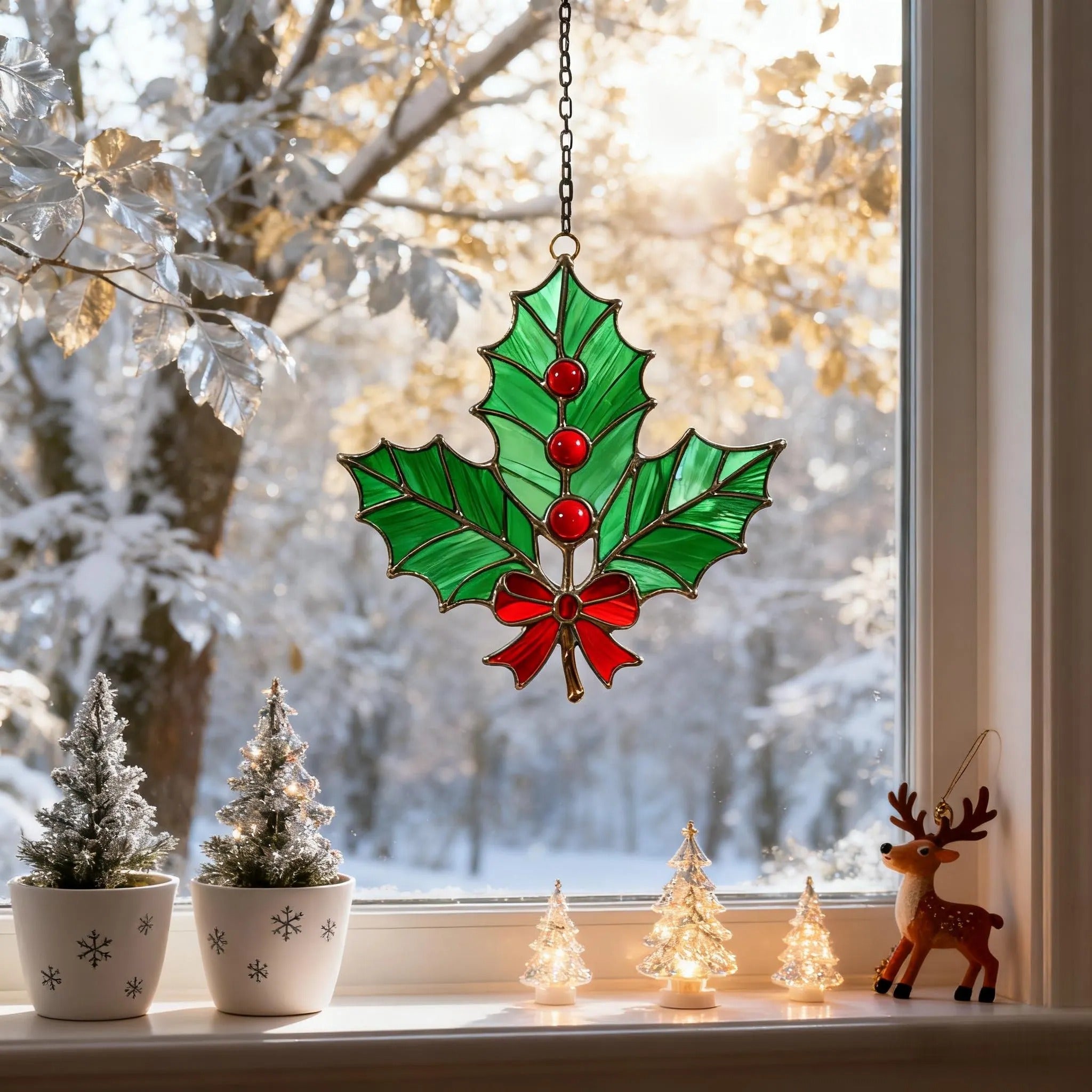 Stained Glass Holly Leaf Ornament – Festive Christmas Decoration,winter holiday suncatcher,Christmas gift,Stained Glass Holiday Decoration