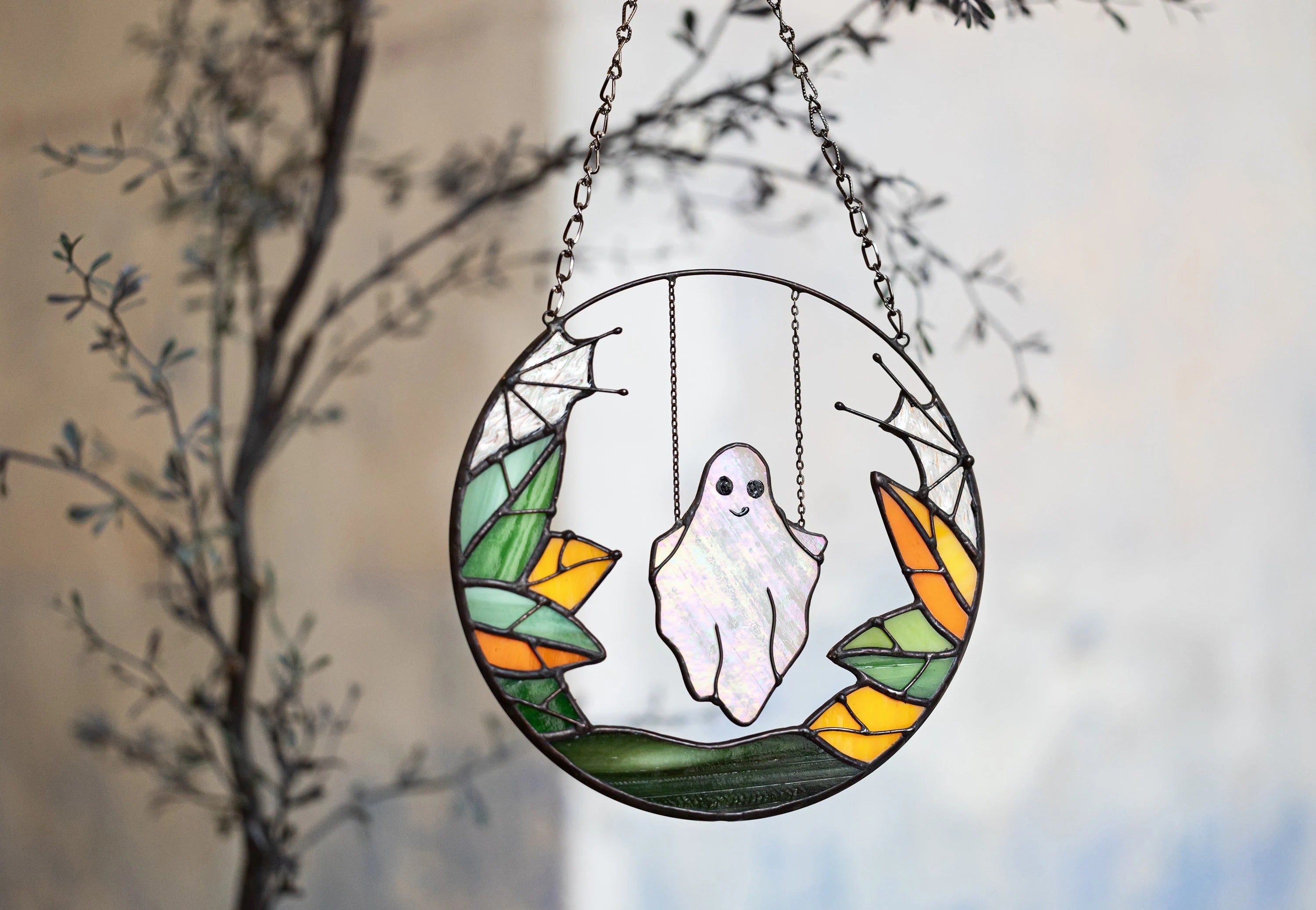 Gothic Suncatcher Ghost Funny Halloween Stain Glass ORIGINAL Horror Picture Home Decor Spooky Window Wall Hanging Fall Cling Witch gift
