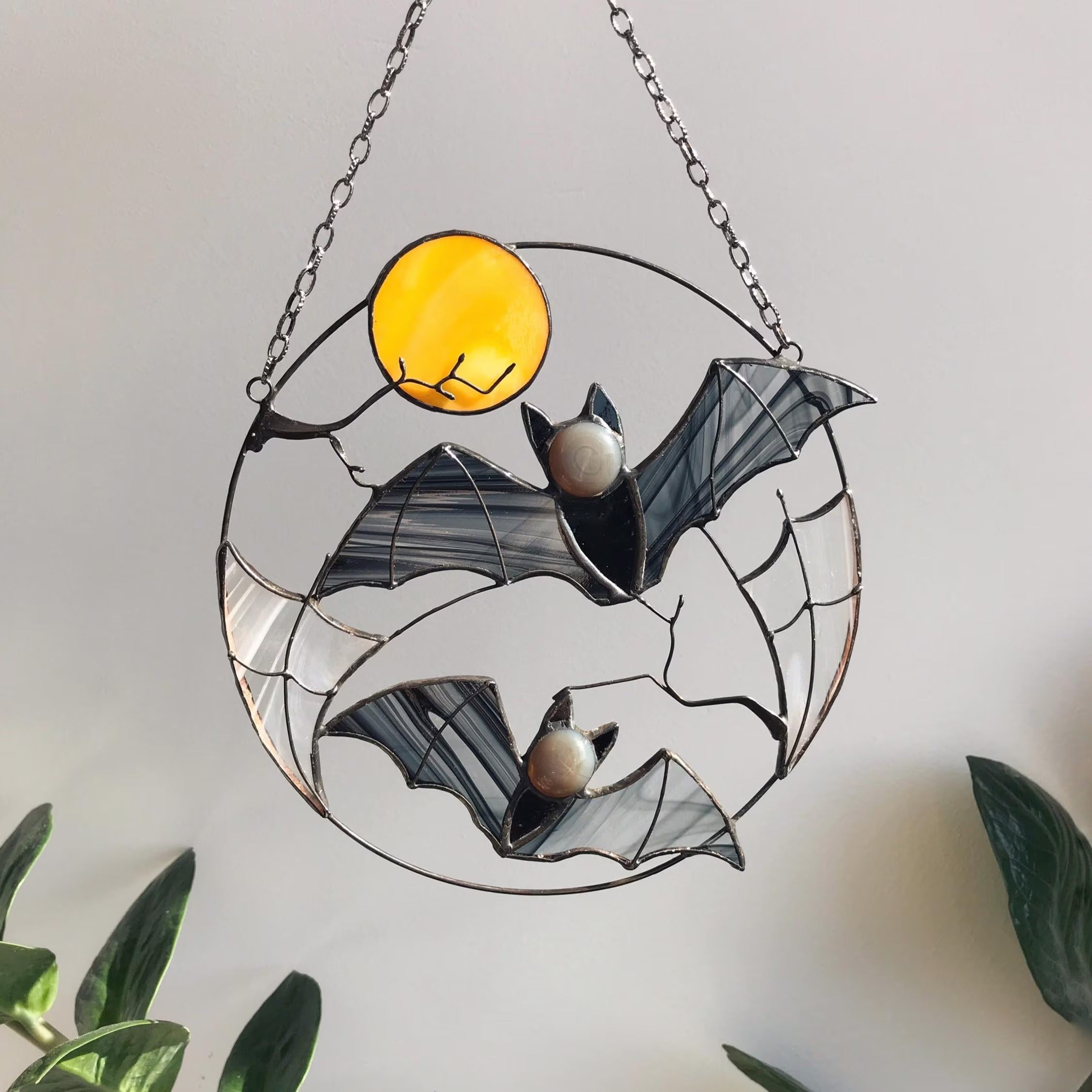 Gothic Suncatcher Bat Moon Halloween Stain Glass ORIGINAL Horror Picture Home Decor Spooky Window Wall Hanging Dark Cling Witch gift
