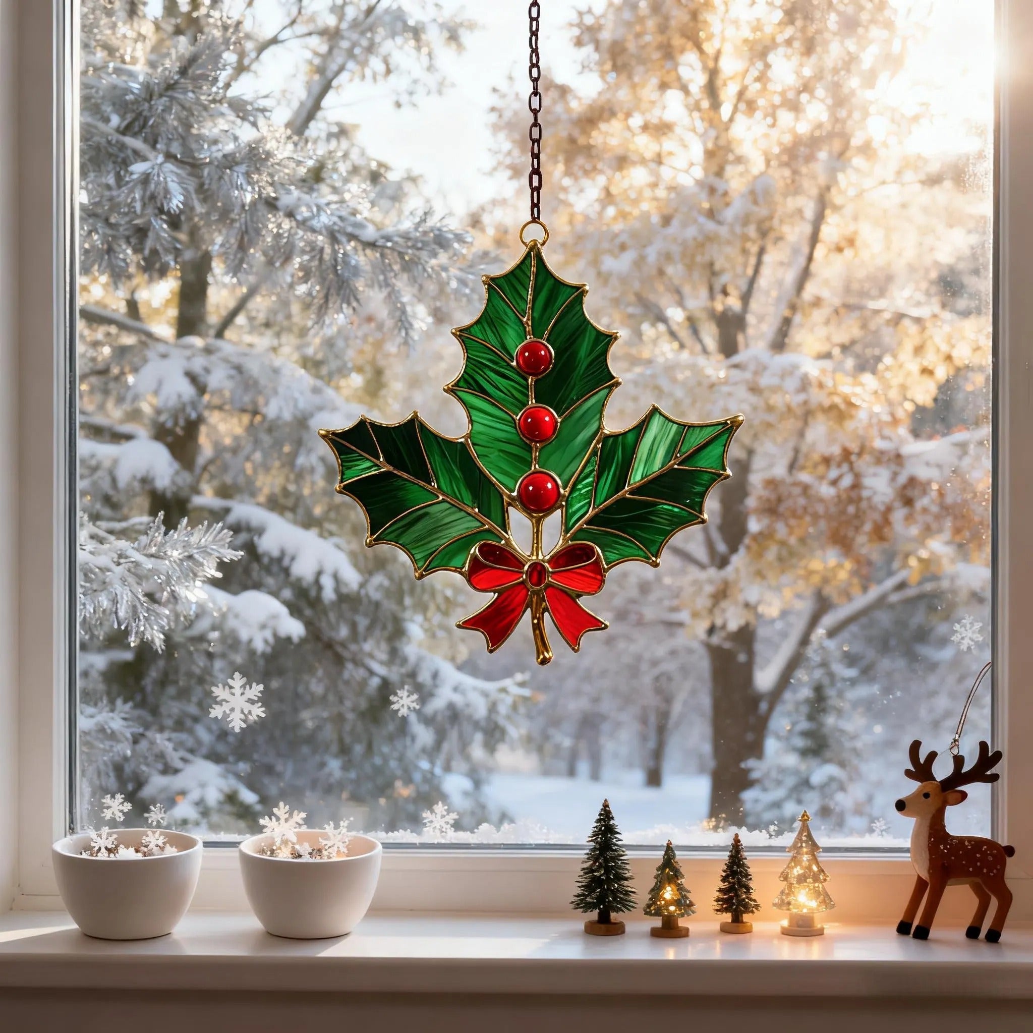 Stained Glass Holly Leaf Ornament – Festive Christmas Decoration,winter holiday suncatcher,Christmas gift,Stained Glass Holiday Decoration