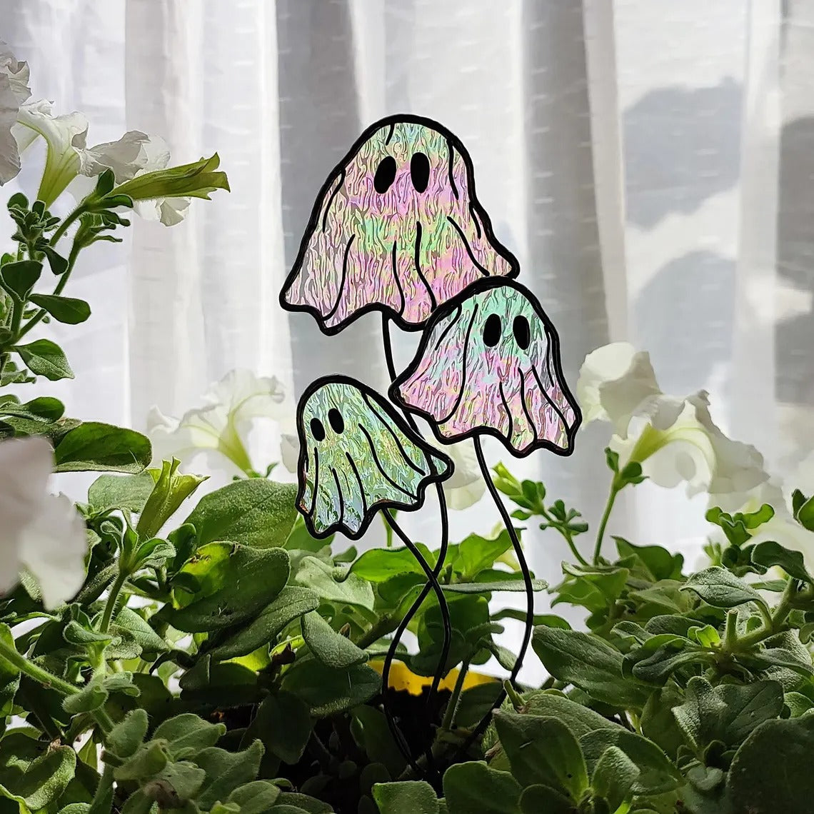 Halloween Decor Stained Glass Ghost Mushrooms. Cute Ghost Plant Stakes for Spooky Season. Halloween Gift. Unique Garden Art. Happy Halloween