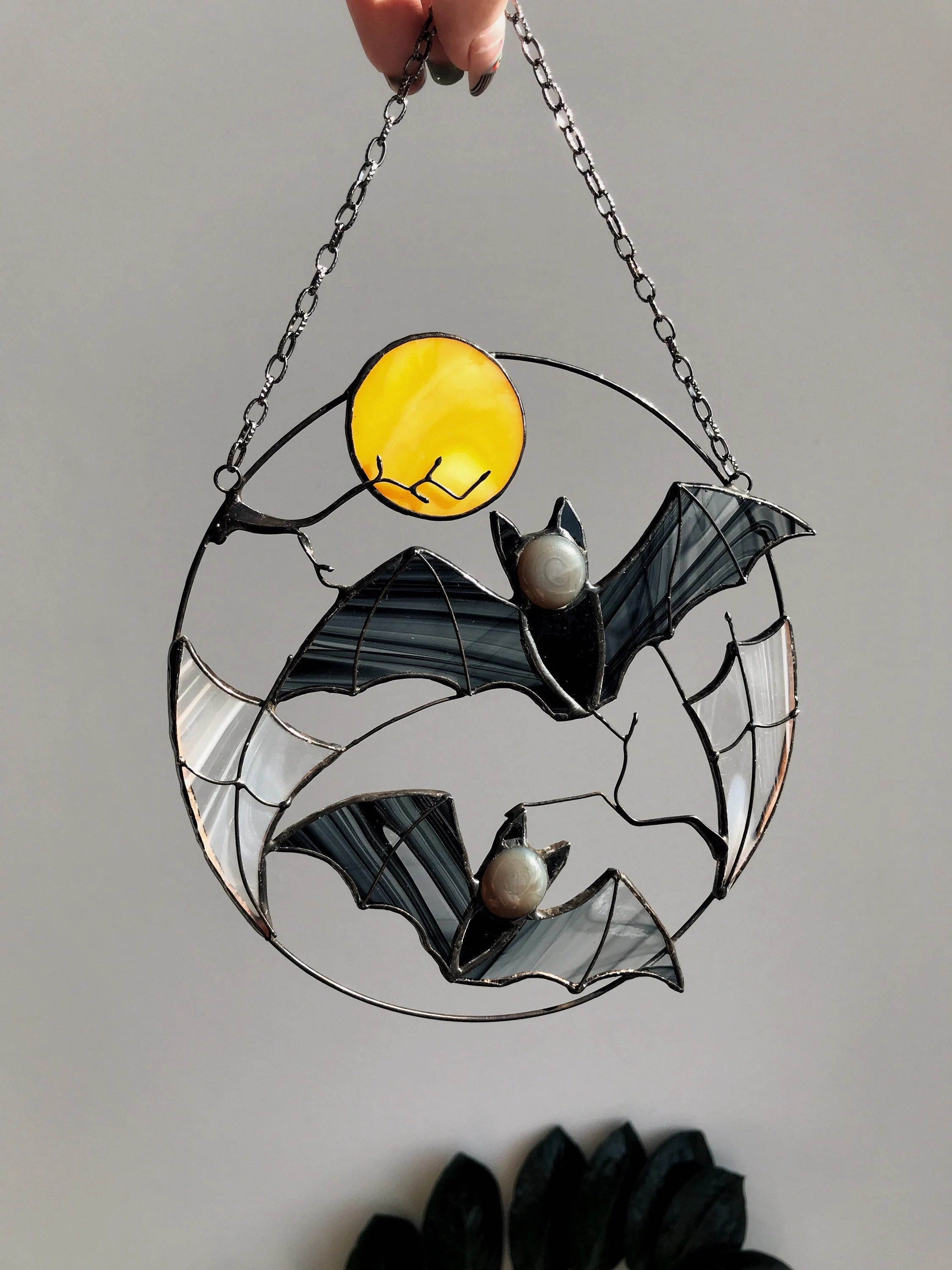 Stained Glass Bat Suncatcher – Halloween Window Hanging Decor, Gothic Moon, Spooky Gift, Flying Bats Wall Art
