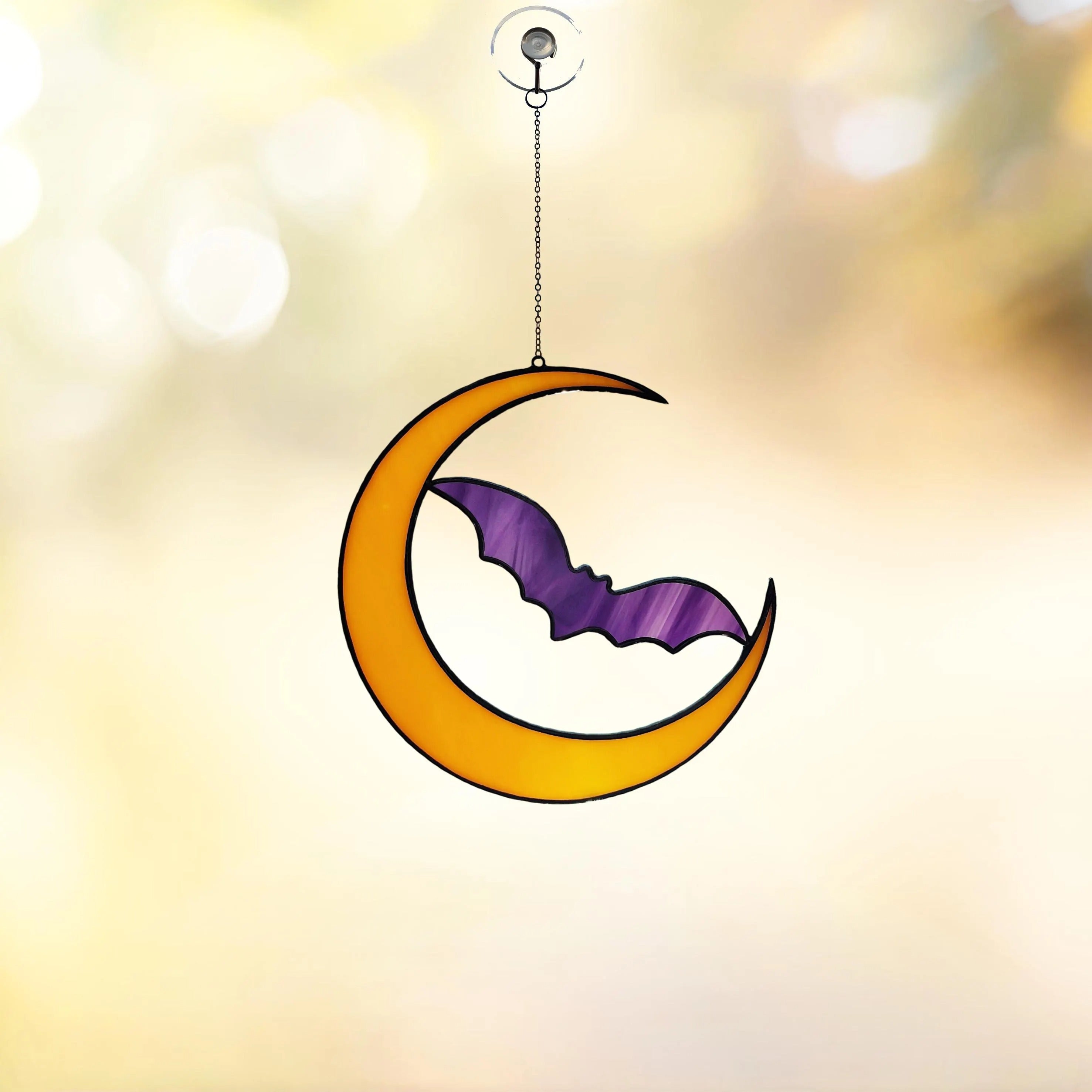 Stained Glass Bat and Moon Suncatcher. Perfect Halloween Decor for Spooky Season. Add Gothic Charm to Your Home or Garden Display.