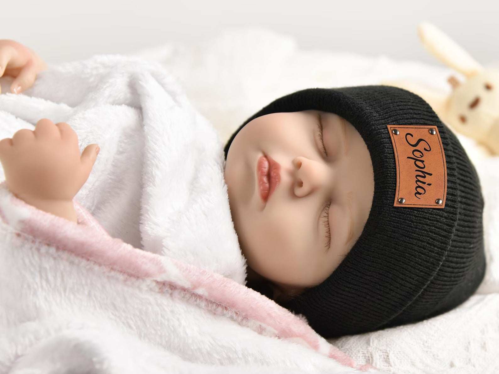 Custom Baby Beanie, Toddler Winter Hat, Kids Youth Child Infant Newborn Gift, Name Hat Engraved Leather Patch Beanie,Personalized Baby Gift