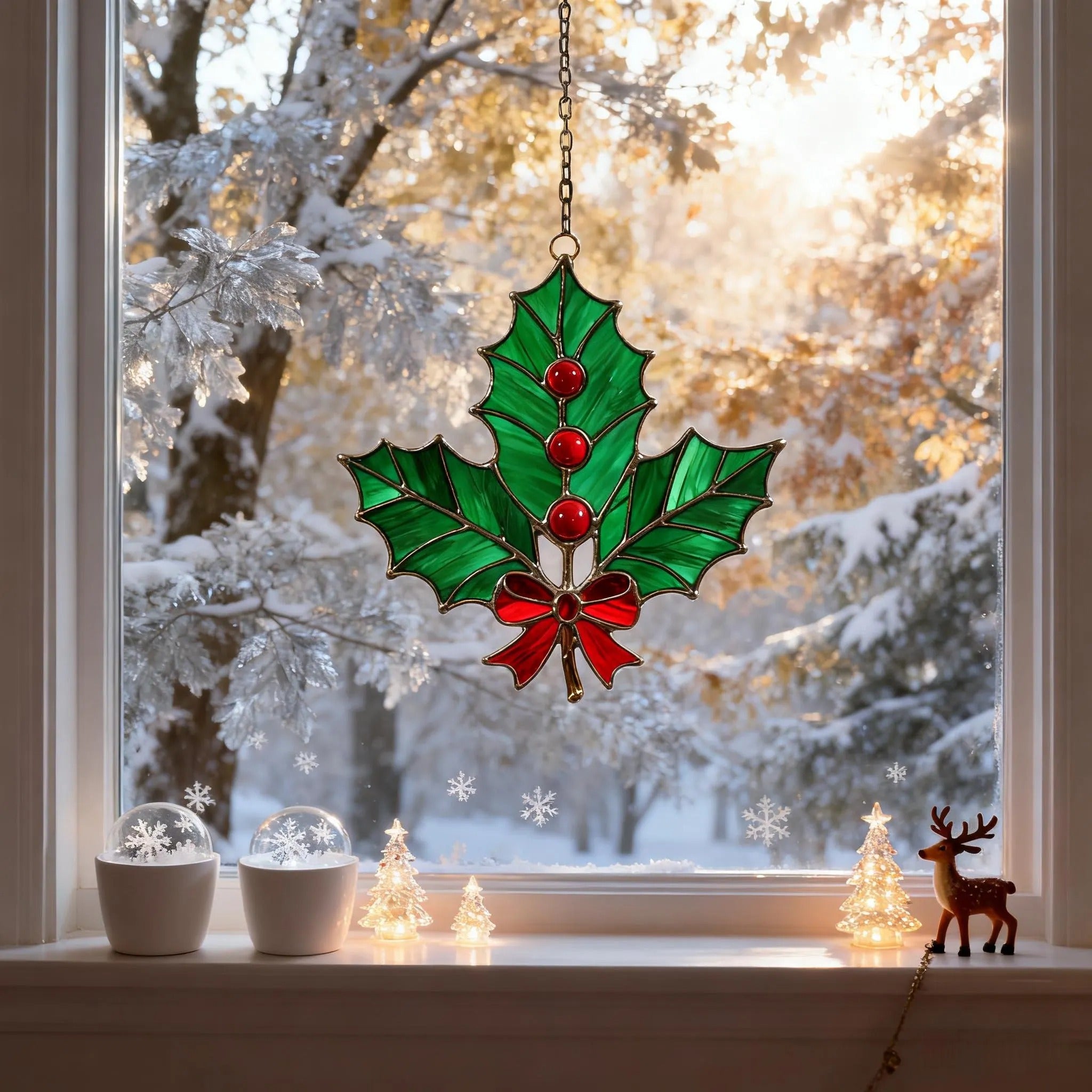 Stained Glass Holly Leaf Ornament – Festive Christmas Decoration,winter holiday suncatcher,Christmas gift,Stained Glass Holiday Decoration