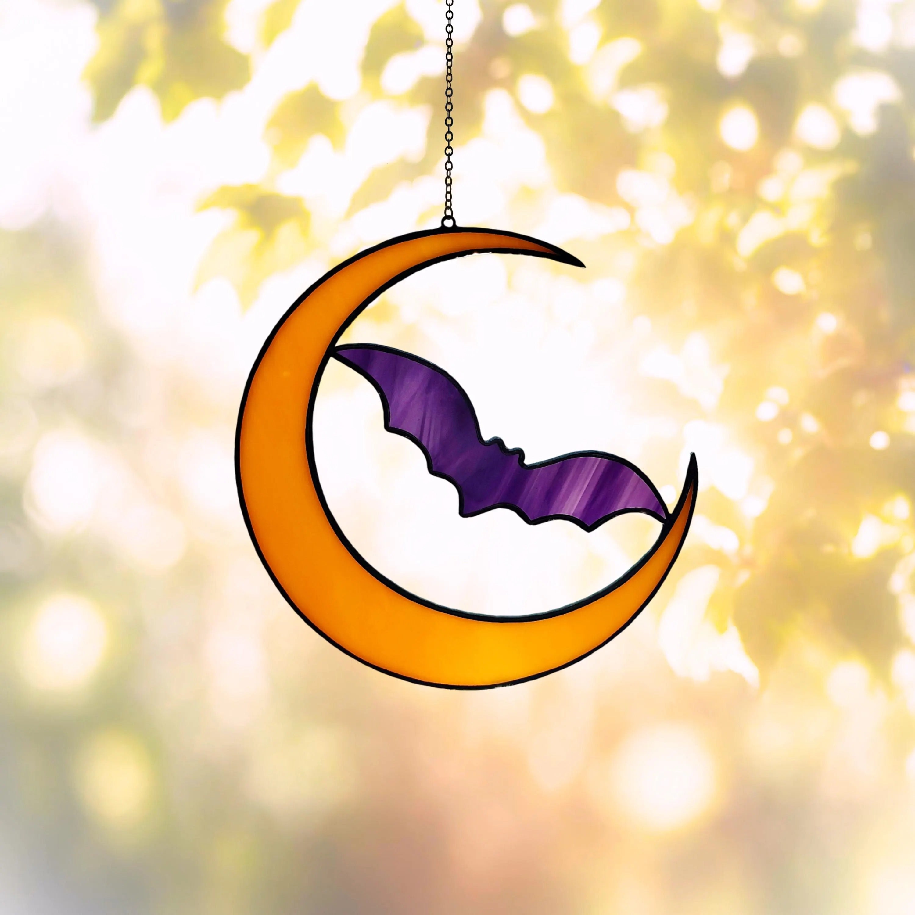 Stained Glass Bat and Moon Suncatcher. Perfect Halloween Decor for Spooky Season. Add Gothic Charm to Your Home or Garden Display.