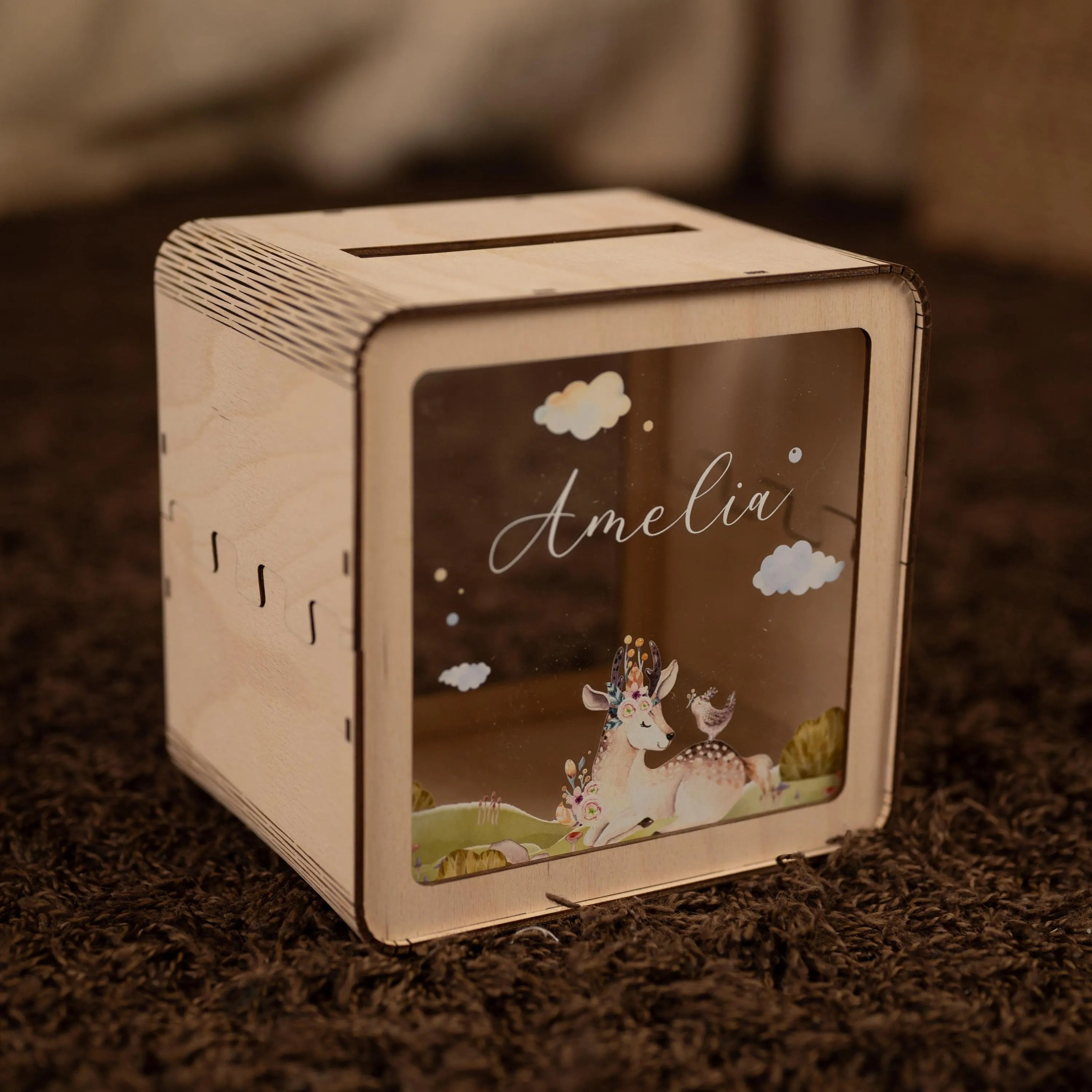 Personalized Large Wooden Piggy Bank for Kids, Custom Name Gift for Toddler, Acrylic Glass Coin Bank, Unique Birthday Gift for Kid