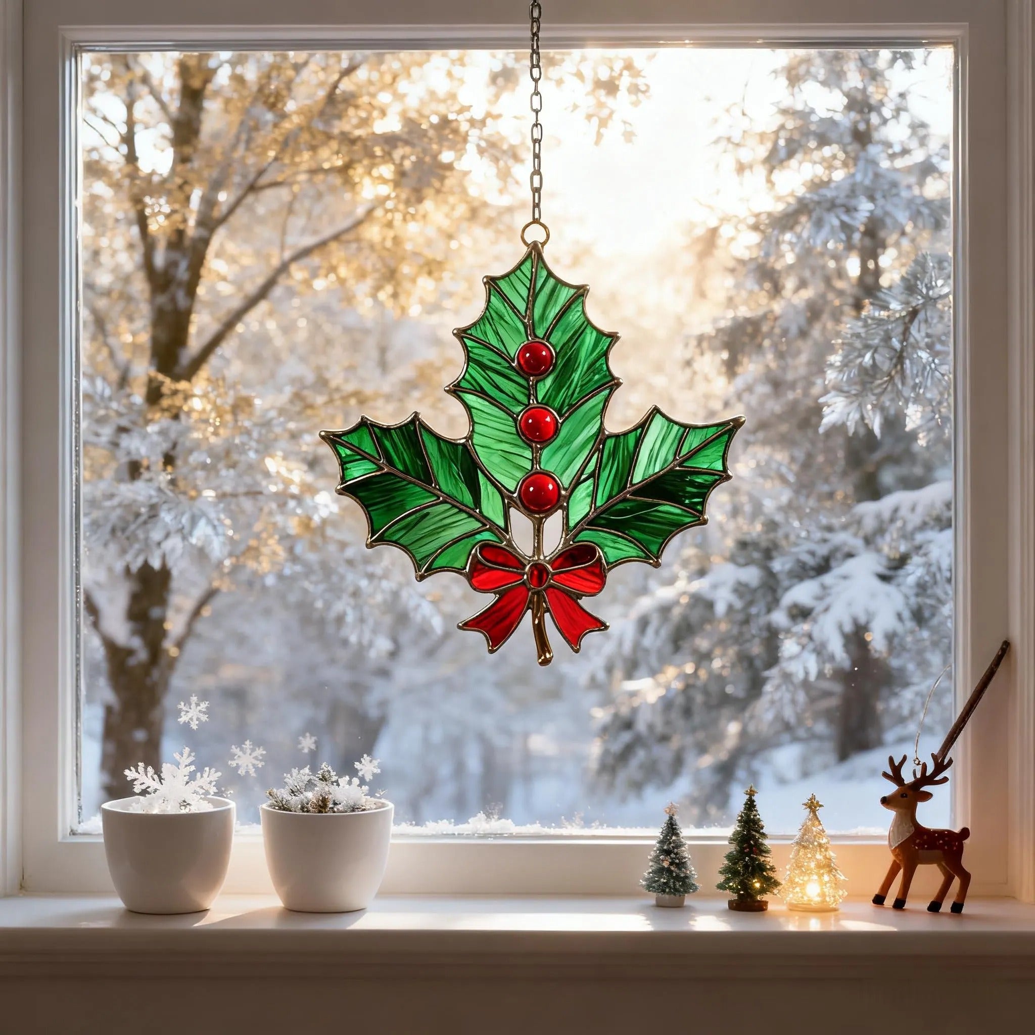 Stained Glass Holly Leaf Ornament – Festive Christmas Decoration,winter holiday suncatcher,Christmas gift,Stained Glass Holiday Decoration