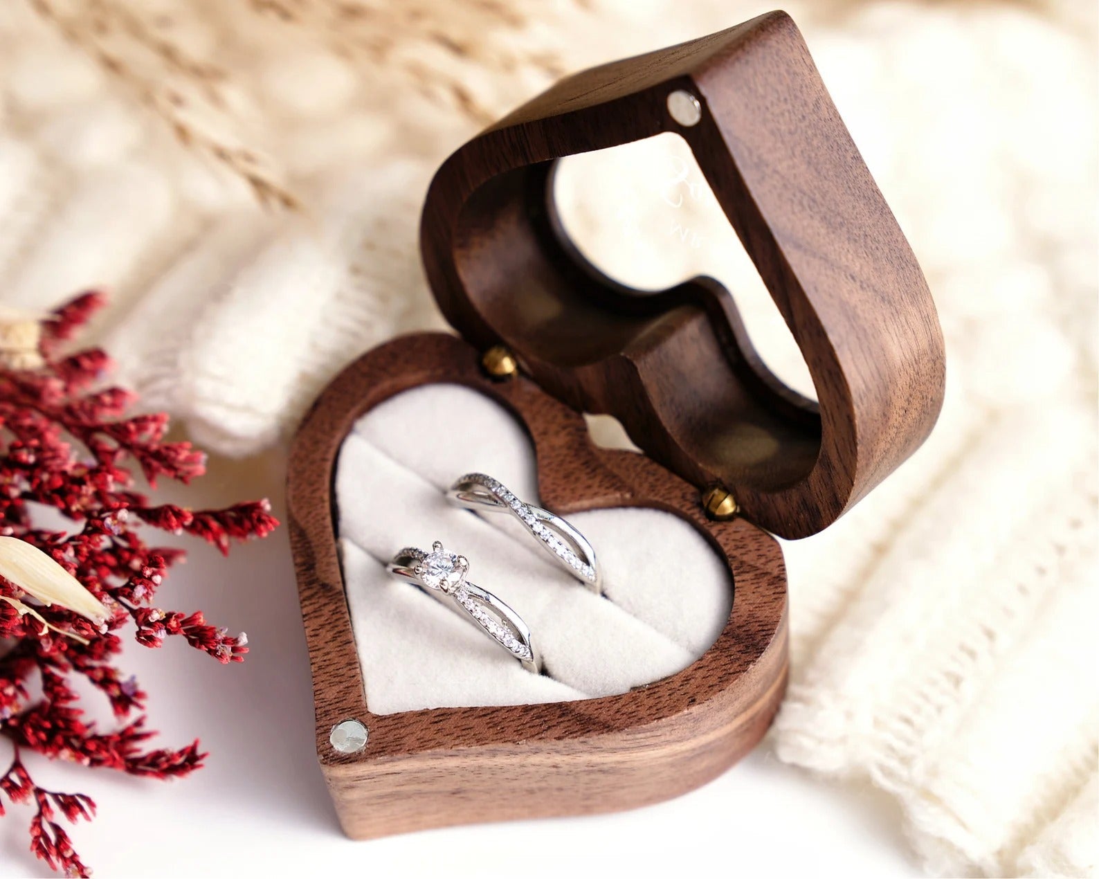 Personalized Wood Ring Box with Acrylic Lid, Engraved Engagement Ring Holder, Heart Ring Bearer Box for Anniversary, Custom Wedding Keepsake