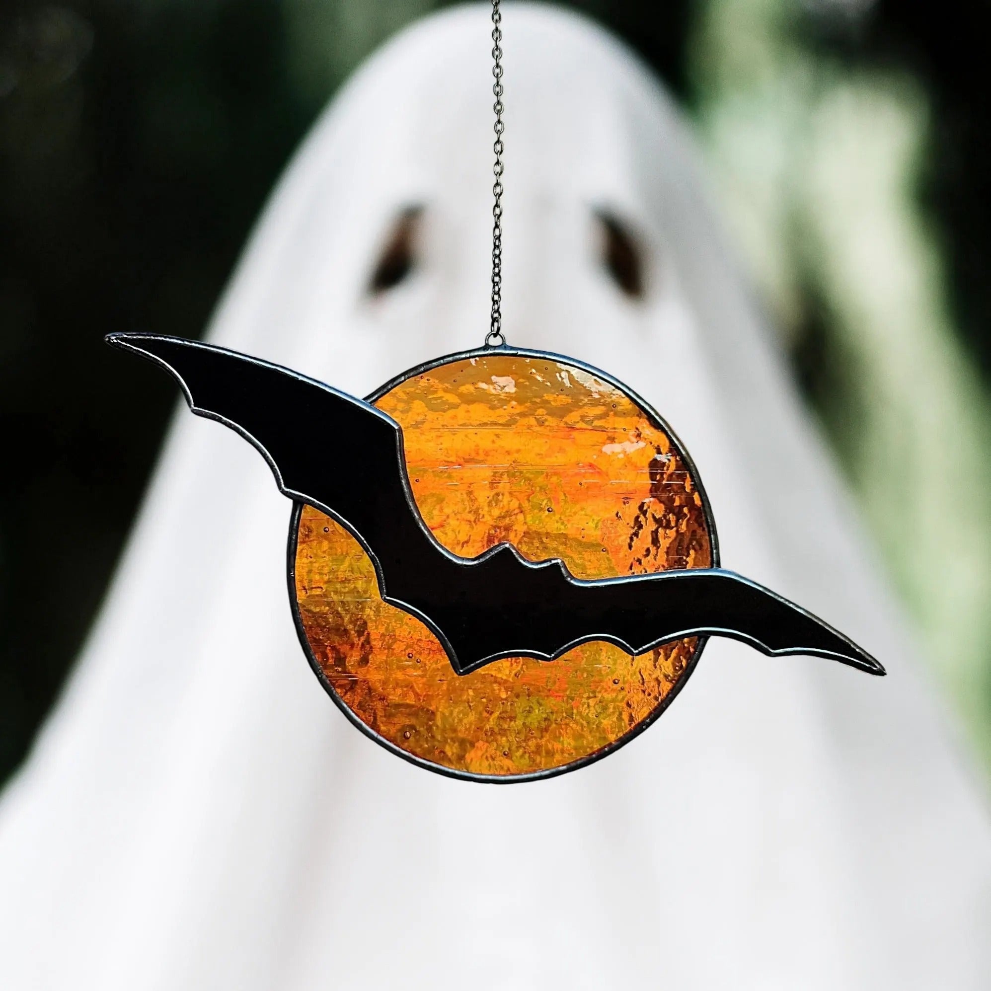 Stained Glass Bat and Moon Suncatcher. Perfect Halloween Decor for Spooky Season. Add Gothic Charm to Your Home or Garden Display.