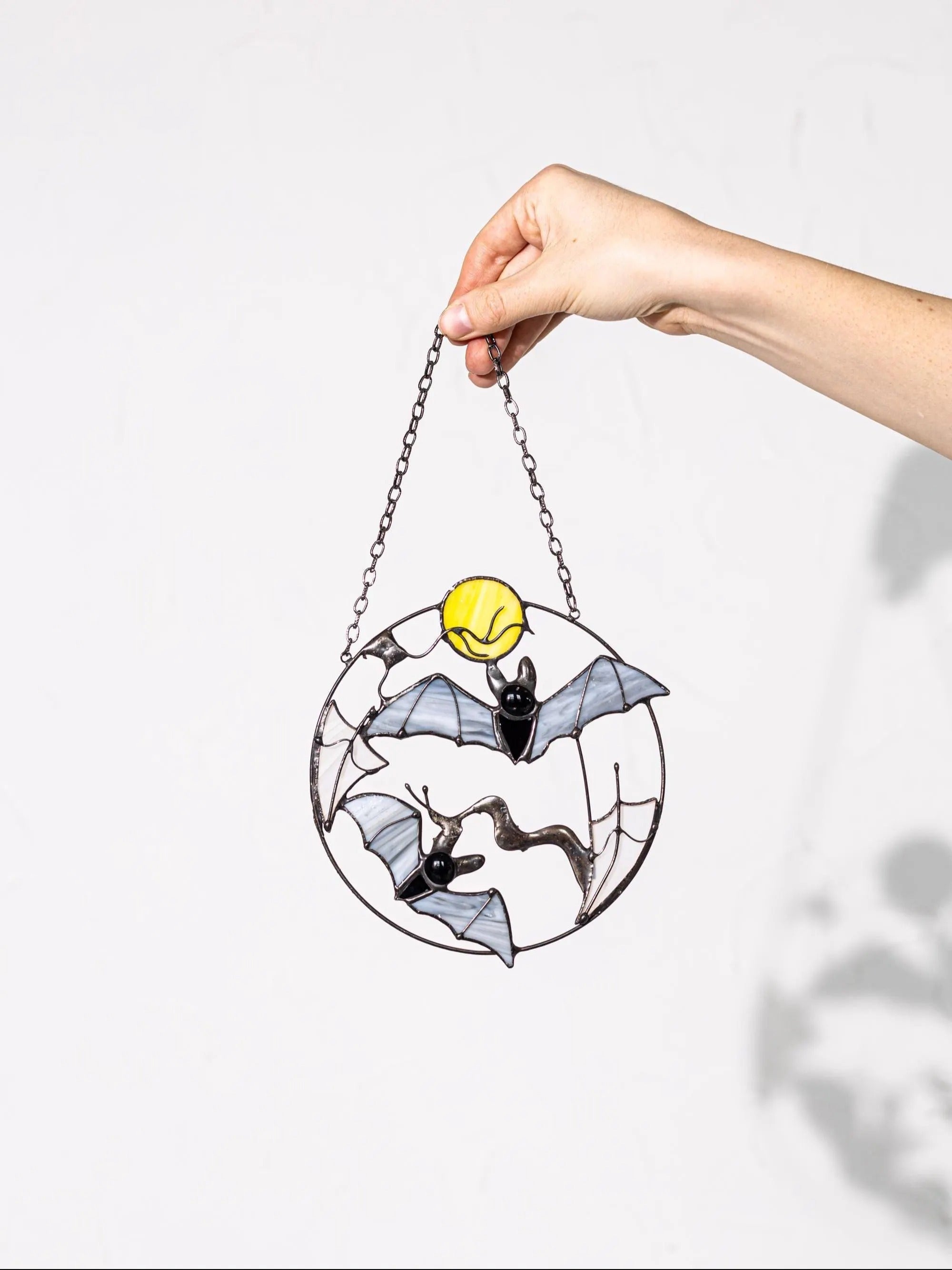 Stained Glass Bat Suncatcher – Halloween Window Hanging Decor, Gothic Moon, Spooky Gift, Flying Bats Wall Art