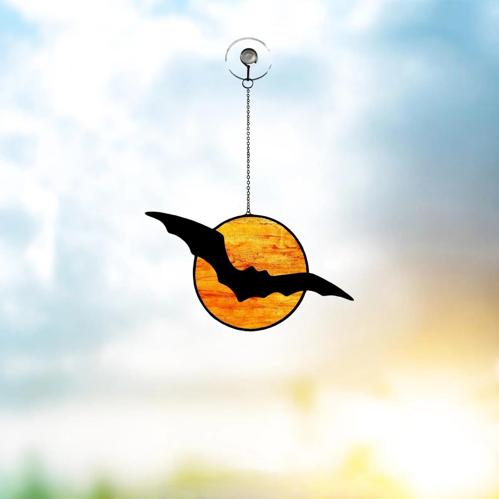 Stained Glass Bat and Moon Suncatcher. Perfect Halloween Decor for Spooky Season. Add Gothic Charm to Your Home or Garden Display.