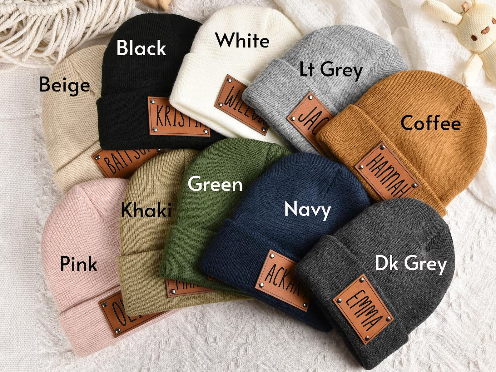 Custom Baby Beanie, Toddler Winter Hat, Kids Youth Child Infant Newborn Gift, Name Hat Engraved Leather Patch Beanie,Personalized Baby Gift