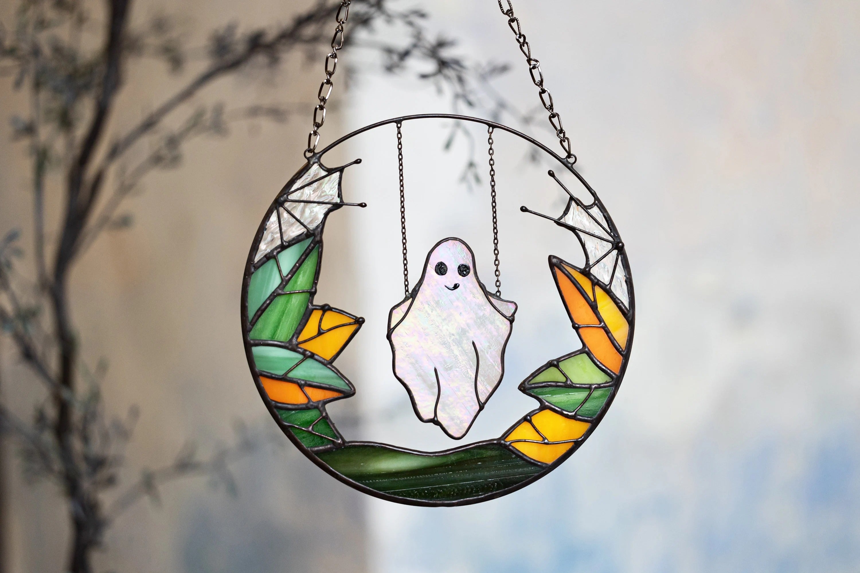 Gothic Suncatcher Ghost Funny Halloween Stain Glass ORIGINAL Horror Picture Home Decor Spooky Window Wall Hanging Fall Cling Witch gift