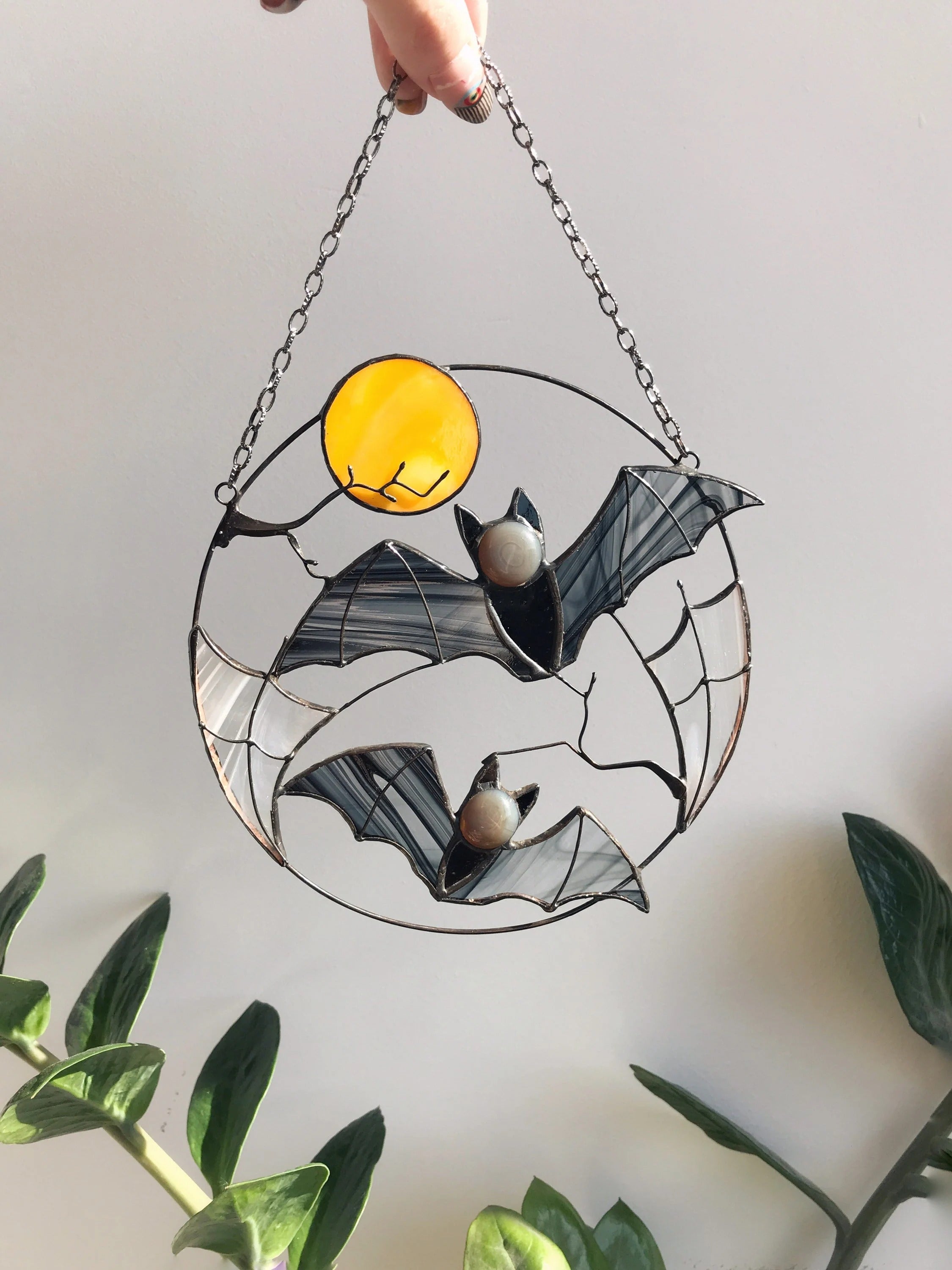 Stained Glass Bat Suncatcher – Halloween Window Hanging Decor, Gothic Moon, Spooky Gift, Flying Bats Wall Art