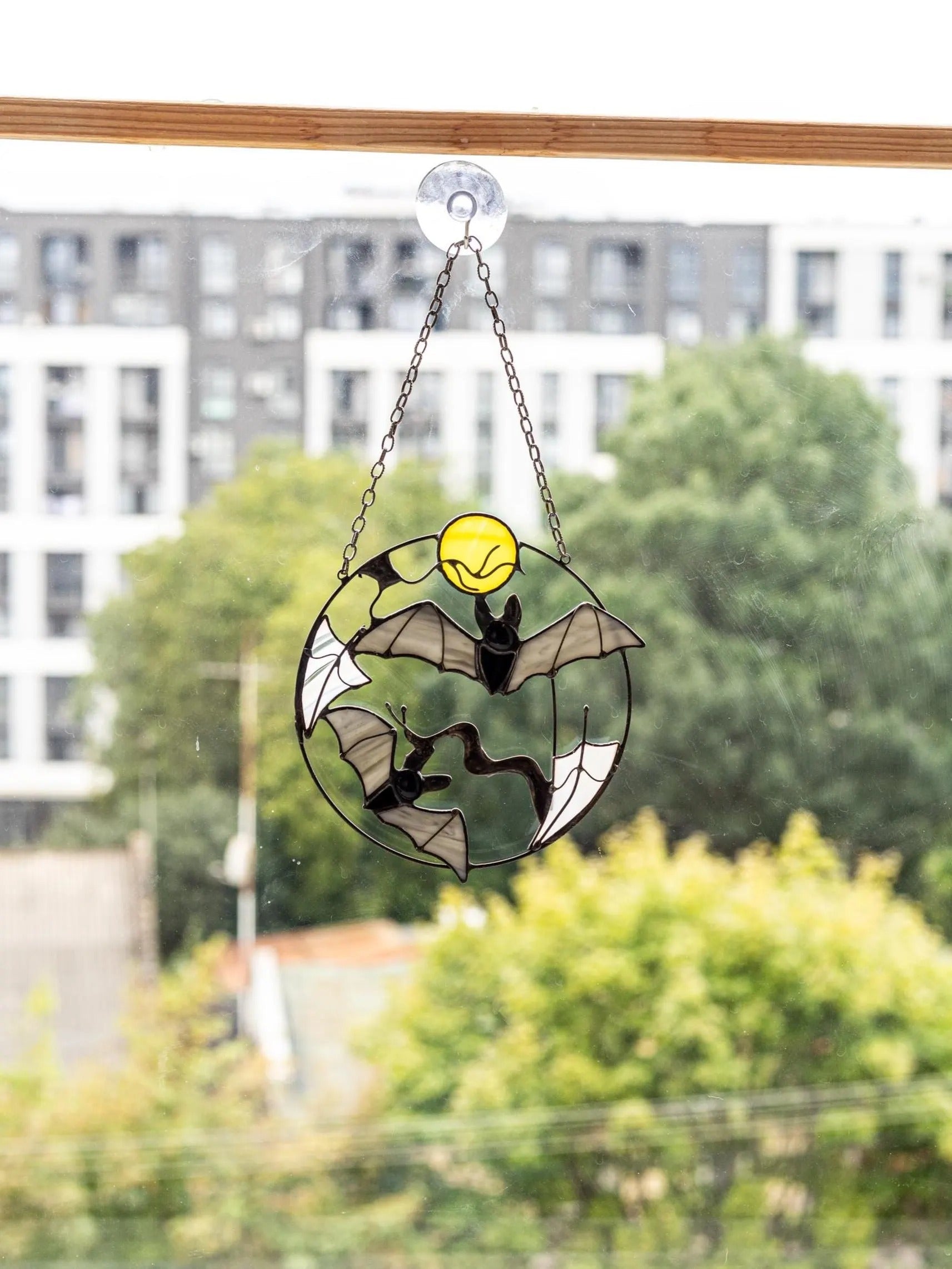 Stained Glass Bat Suncatcher – Halloween Window Hanging Decor, Gothic Moon, Spooky Gift, Flying Bats Wall Art