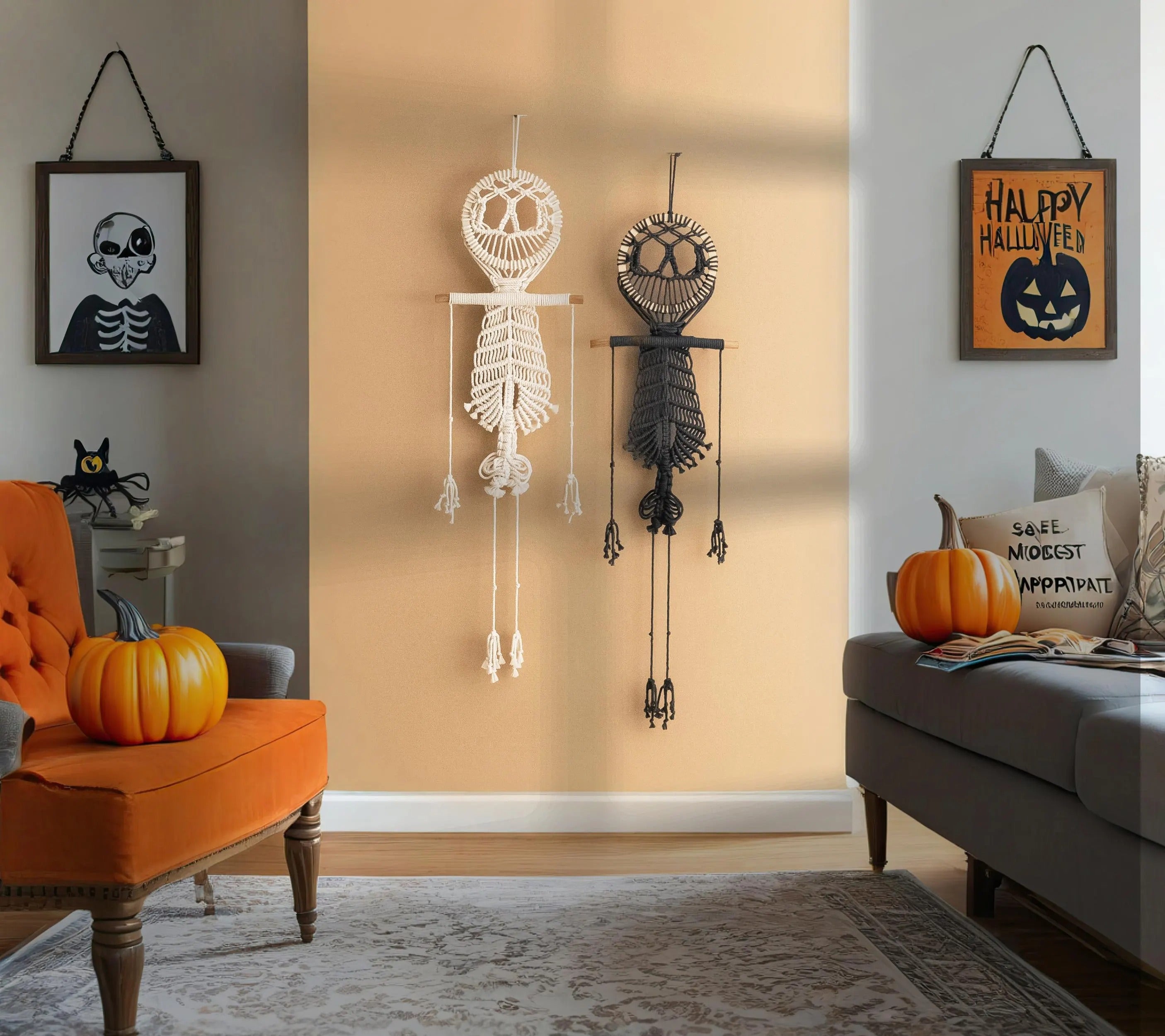 Macrame Skeleton, Halloween Hanging Decoration, Spooky Wall Art, Gothic Decor Bedroom, Halloween Gift, Goth Tapestry, White Skeleton W94