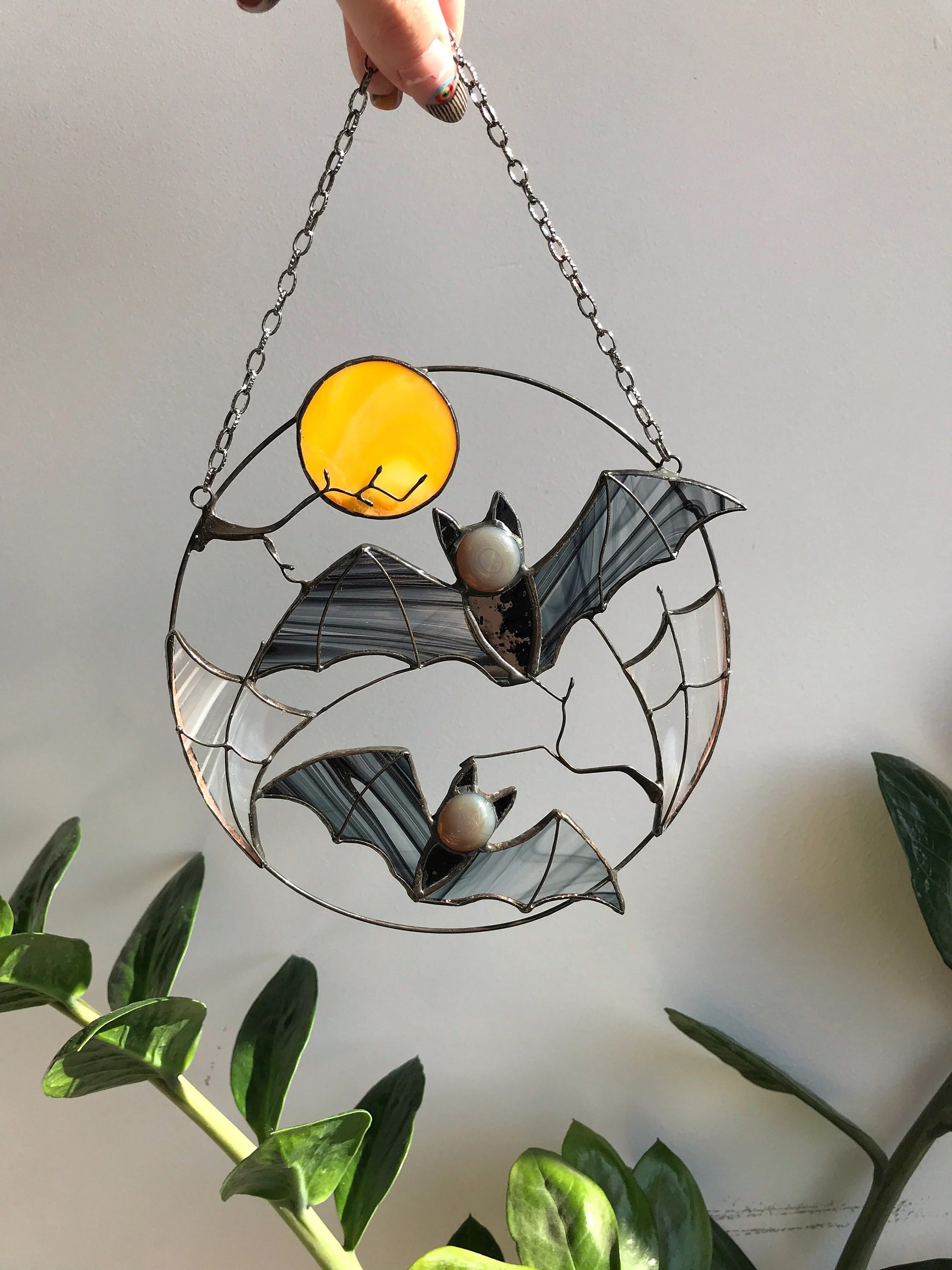 Stained Glass Bat Suncatcher – Halloween Window Hanging Decor, Gothic Moon, Spooky Gift, Flying Bats Wall Art